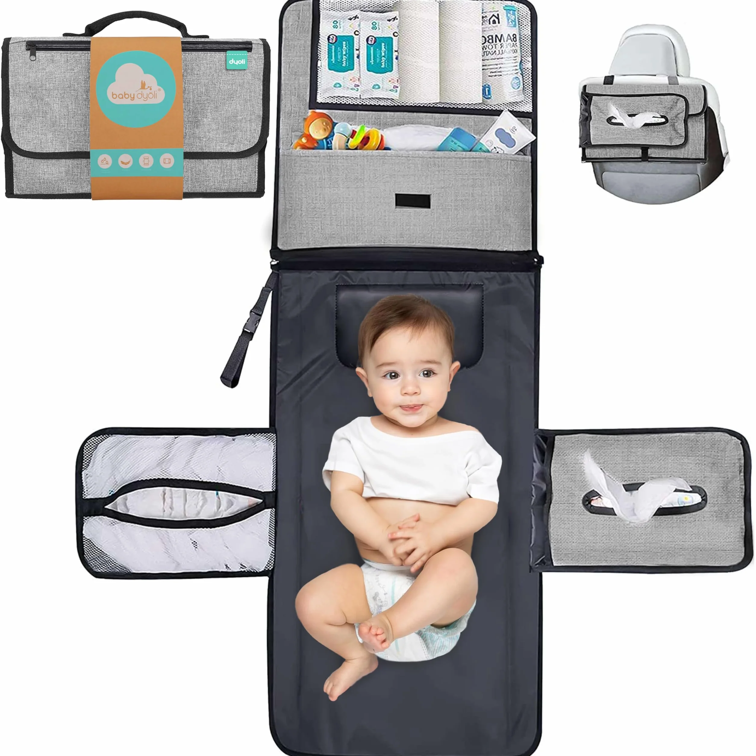 Fasciatoio portatile XL. Il fasciatoio per pannolini è una borsa smontabile con 6 tasche come una trousse per gli articoli del bebè. Impermeabile, (Pack Normal (Grigio))