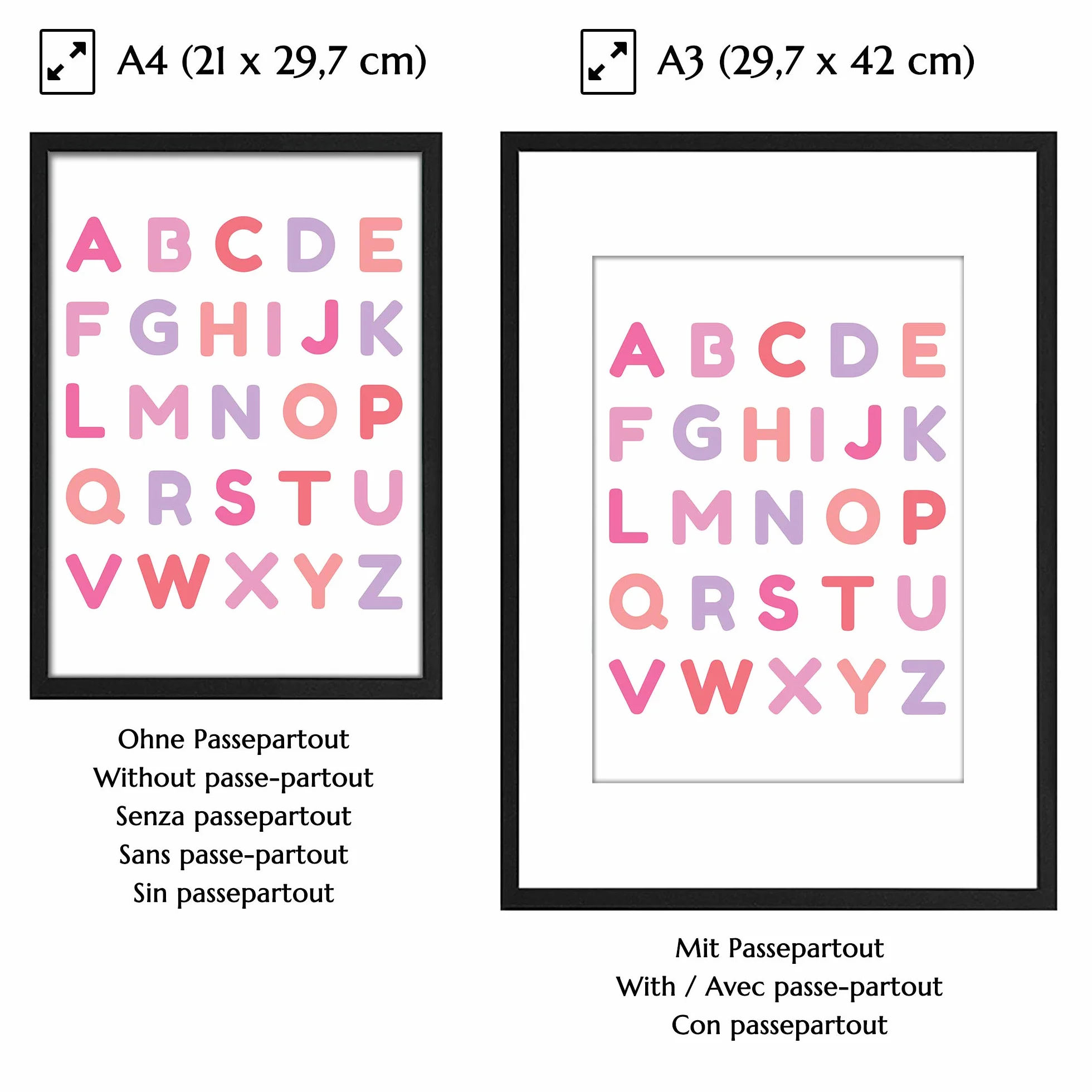 PREMYO Quadri per Camera Bambini - Set di Poster Alfabeto ABC Rosa - Stampe da Parete Decorazione Cameretta Neonato A4