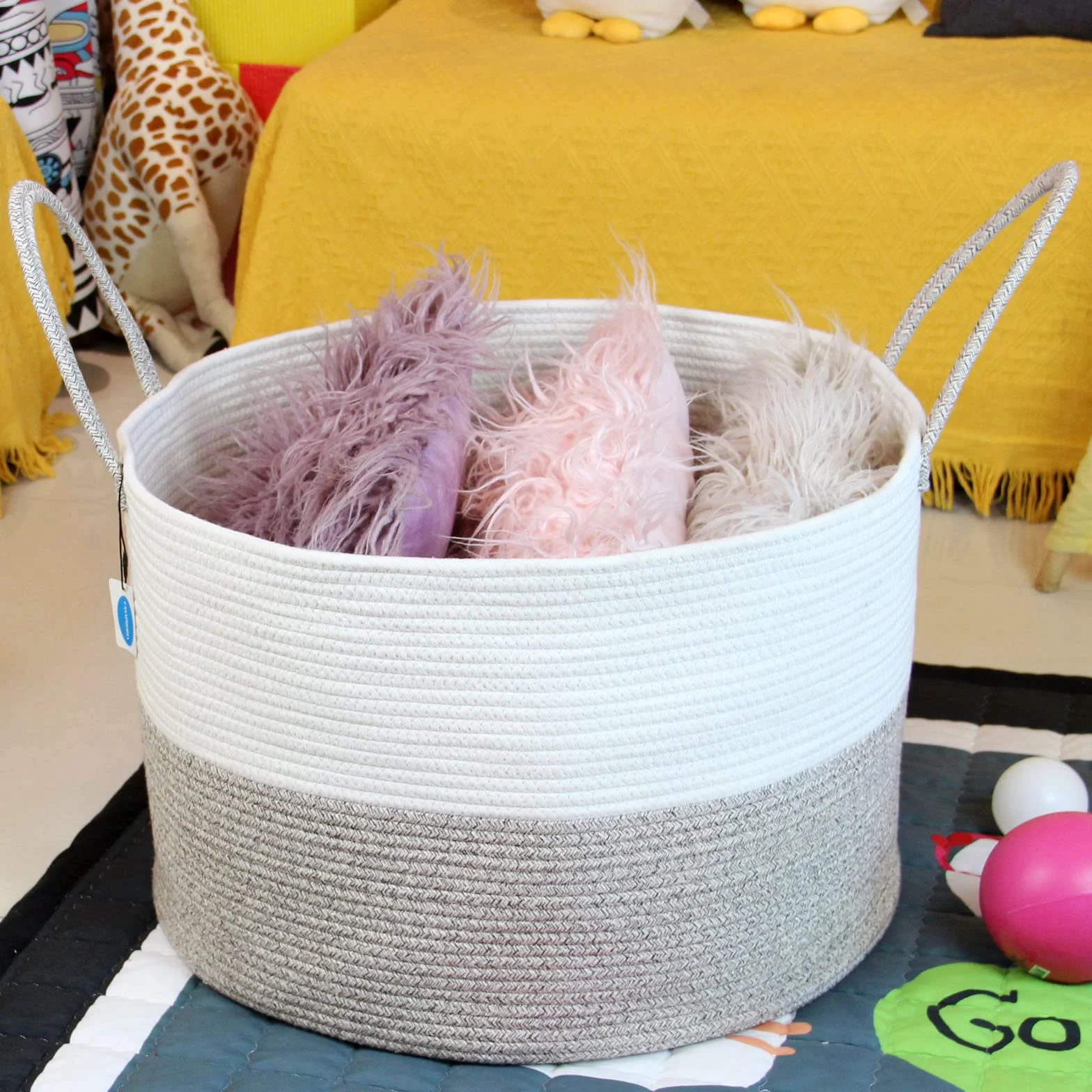 Casaphoria XXXL, cesto portaoggetti in corda di cotone per soggiorno, con manico lungo, per coperte, asciugamani e cuscini, cesto portabiancheria | crema bianco e marrone (55,9 x 55,9 x 35,6 cm)