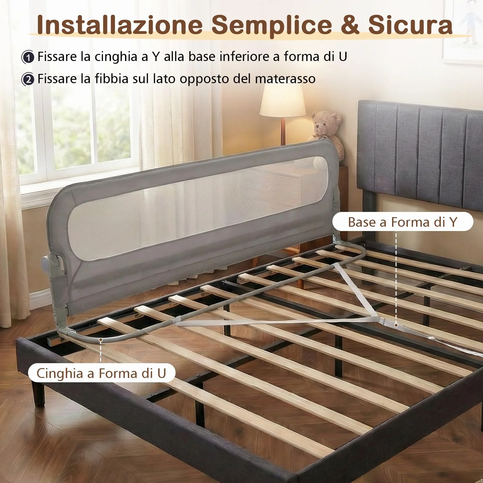 COSTWAY Sponda Letto per Bambini 80/120/150/180/200 cm, Barriera di Sicurezza per Neonati, Altezza Regolabile a 3 Livelli, Barriera Letto Pieghevole, con Cinghia di Sicurezza (200 cm,Grigio)