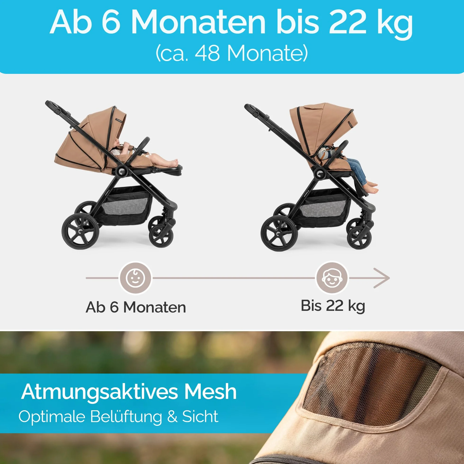 Älskar Passeggino reversibile, pieghevole, compatto, fino a 22 kg, schienale regolabile, tetto di protezione UV, cintura a 5 punti, copertura antipioggia, zanzariera, borsa grigio scuro