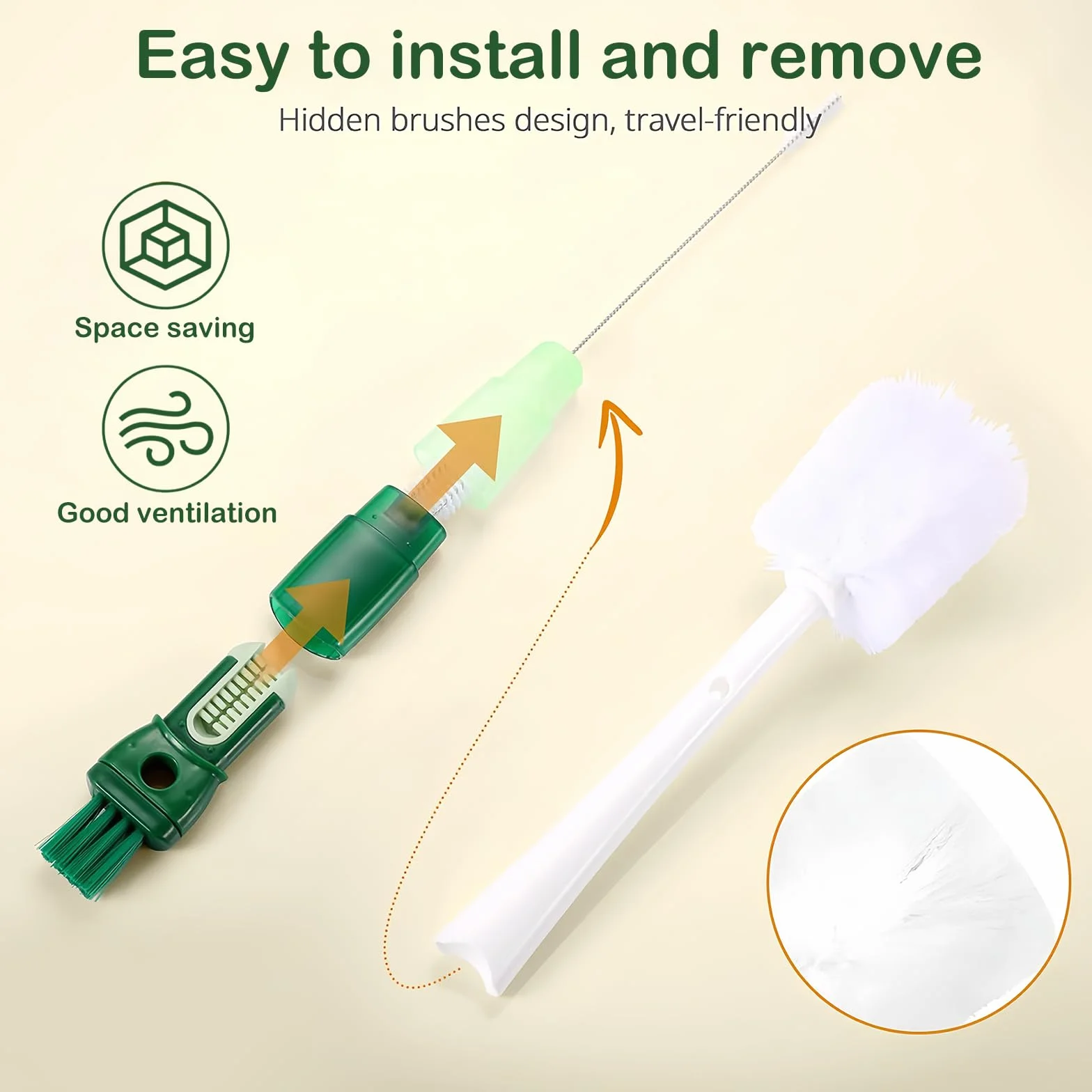Spazzola per Pulizia Bottiglia D'acqua Multifunzionale 5 in 1 Spazzola per Biberon Spazzola a Manico Lungo con 5 Testine Set Spazzole per Pulizia per Biberon,Bottiglie Termiche,Cannucce (Verde)