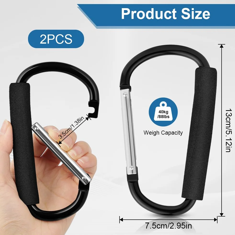 URAQT 2 Pezzi Ganci Passeggino, grandi clip a moschettone per carrozzina, Gancio Universale Passeggino, Moschettone per Passegginos, Moschettone a Gancio Multiuso per borse della spesa, borse, Nero