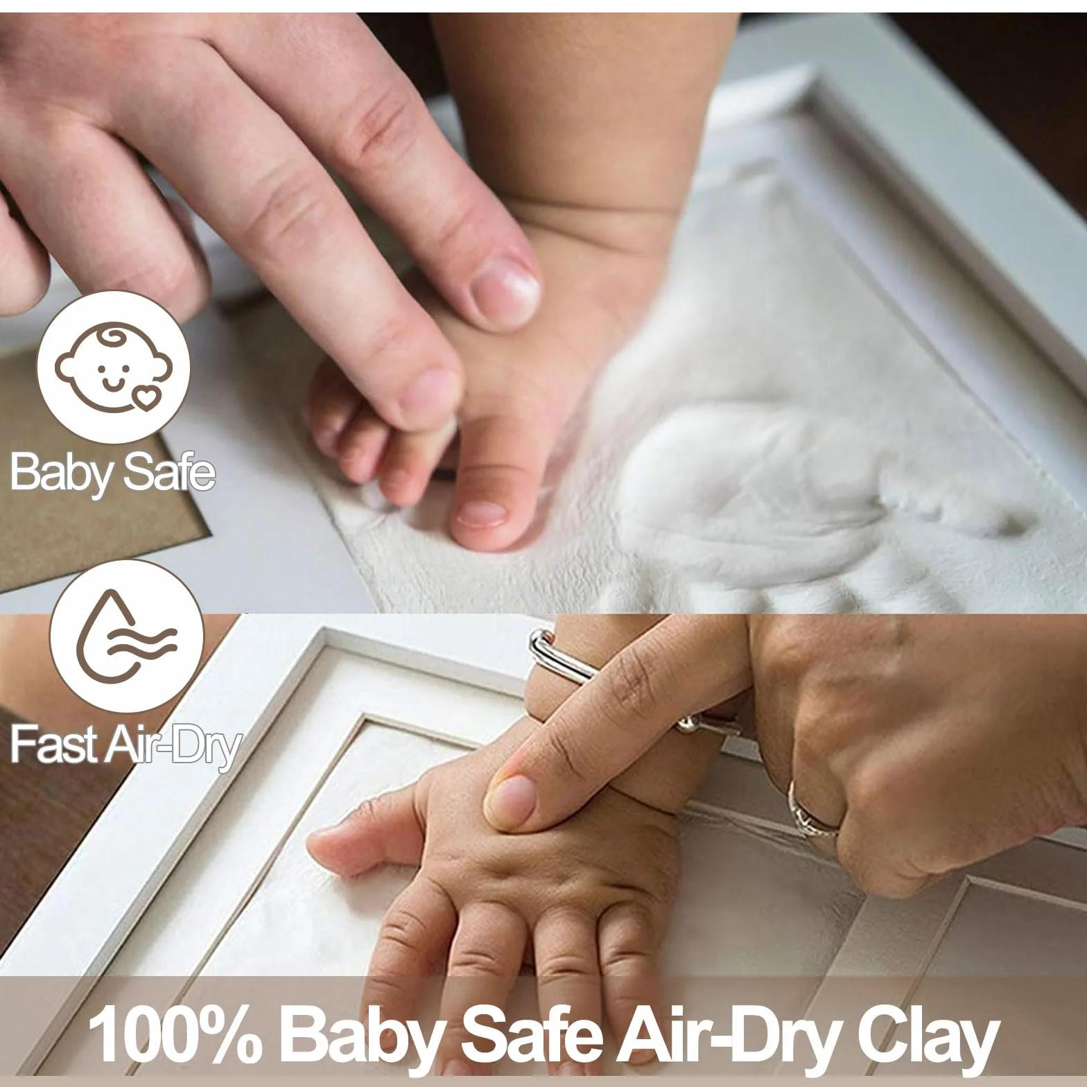 Kit con Cornice in Legno Per Impronte di Neonati, per Piedi e Mani, con 6 confezioni di Cornici in Argilla, regalo per neonata femmina e regali neonato maschio-Regali Battesimo Bimbo