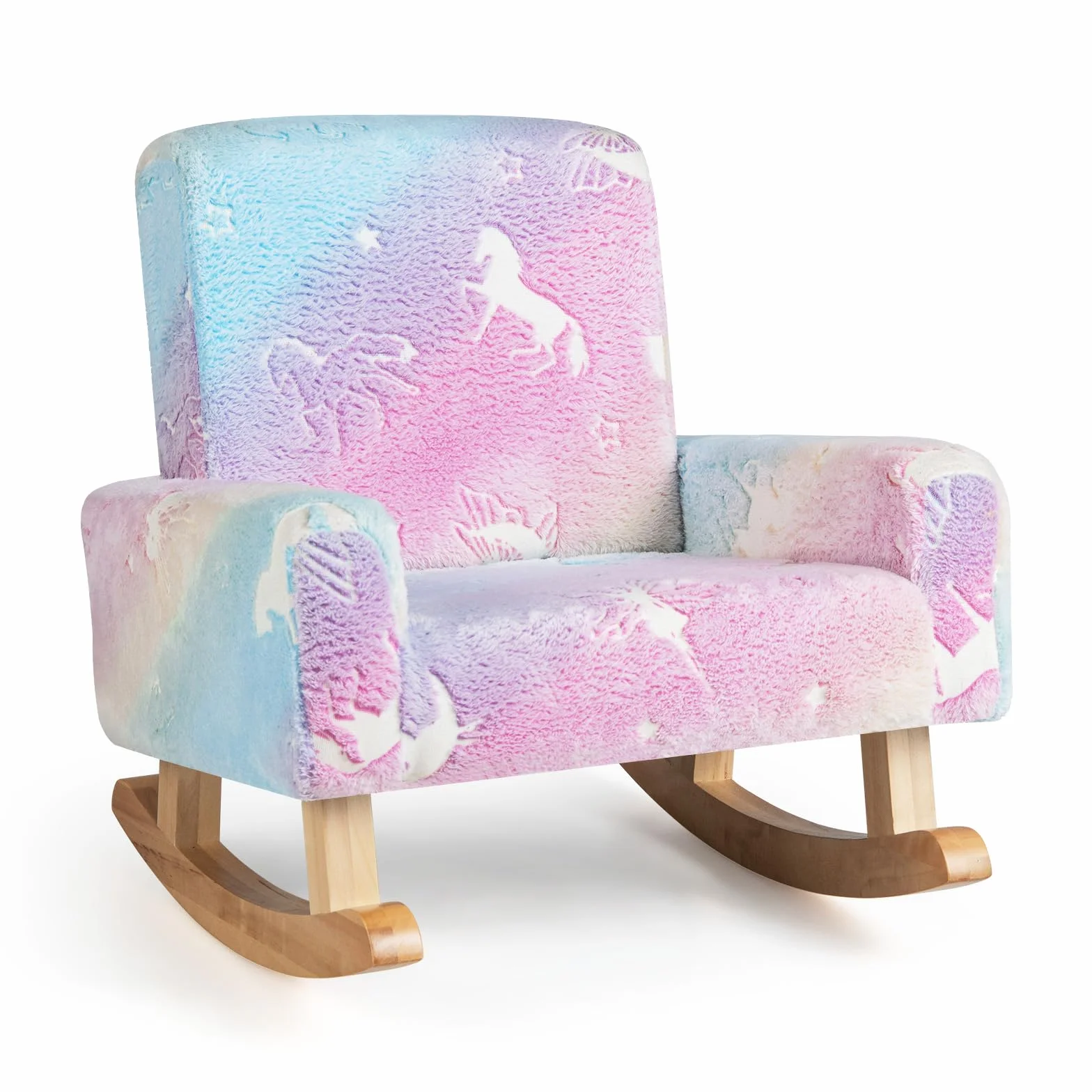 COSTWAY Sedia Dondolo per Bambini da 3 a 5 Anni, Poltrona in Flanella con Piedi a Dondolo in Legno, Motivi che si Illuminano al Buio,56 x 49 x 50 cm, Blu e Viola