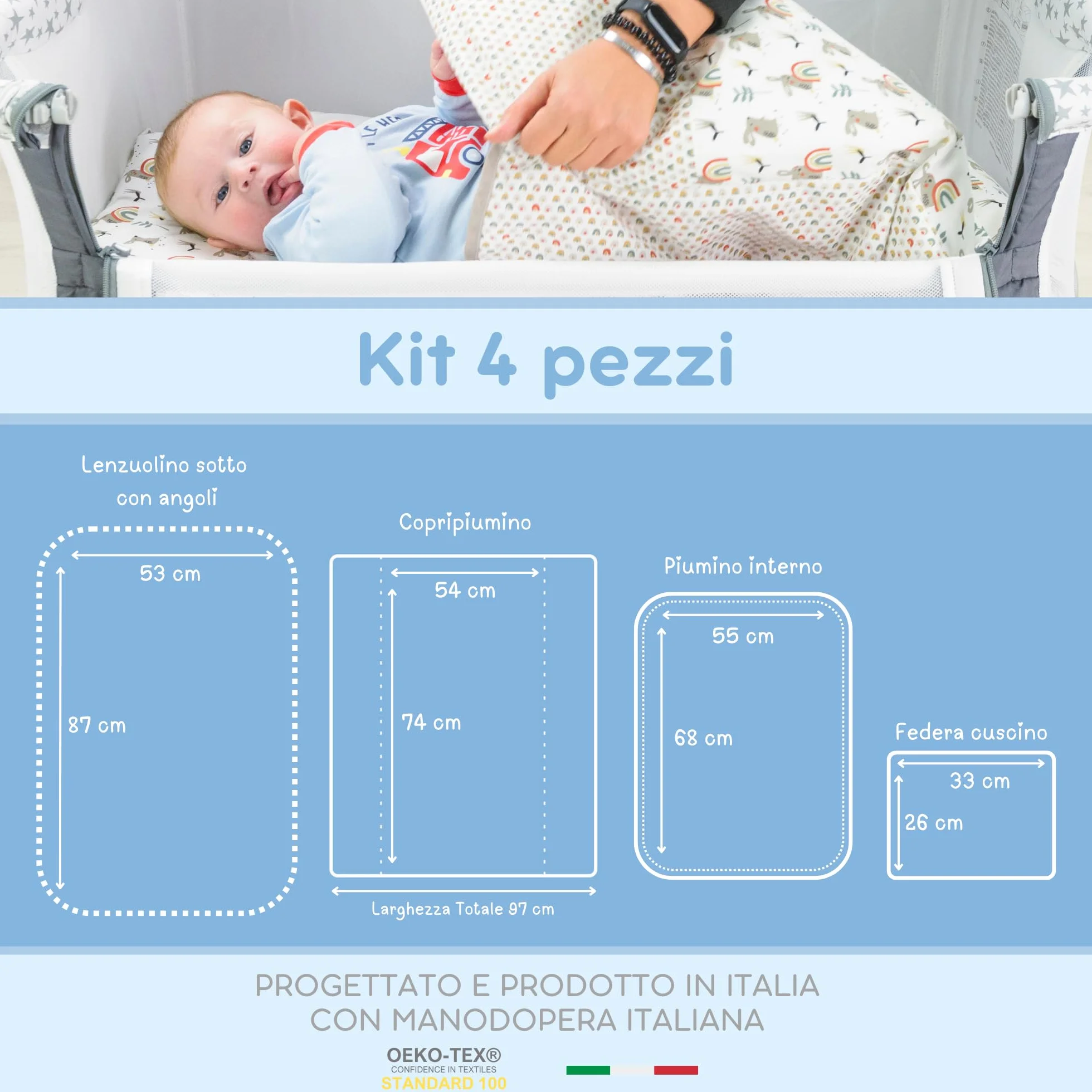baby idea Babysanity Lenzuola Next To Me Compatibili 4 pezzi: Federa Cuscino, Piumino, Copripiumino, Lenzuolo Angoli per Culla Lettino Neonato - Chicco Kinderkraft Cam Brevi OEKO-TEX (Orsetto Beige)