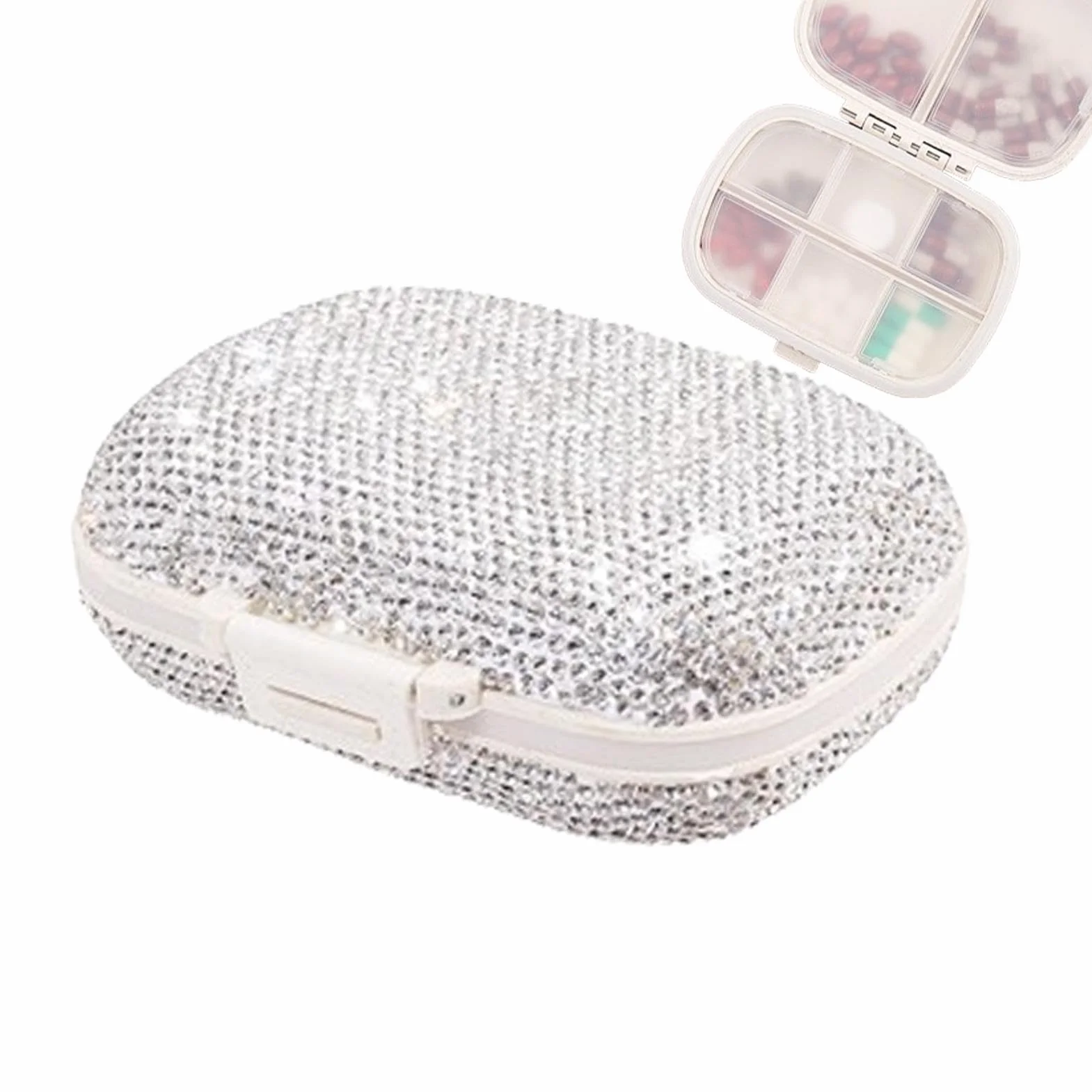 Portapillole - Portapillole con brillantini, portapillole, portapillole con scomparti, organizzatore per pillole da viaggio, organizzatore settimanale per la casa e i viaggi, bianco, rosso, bu