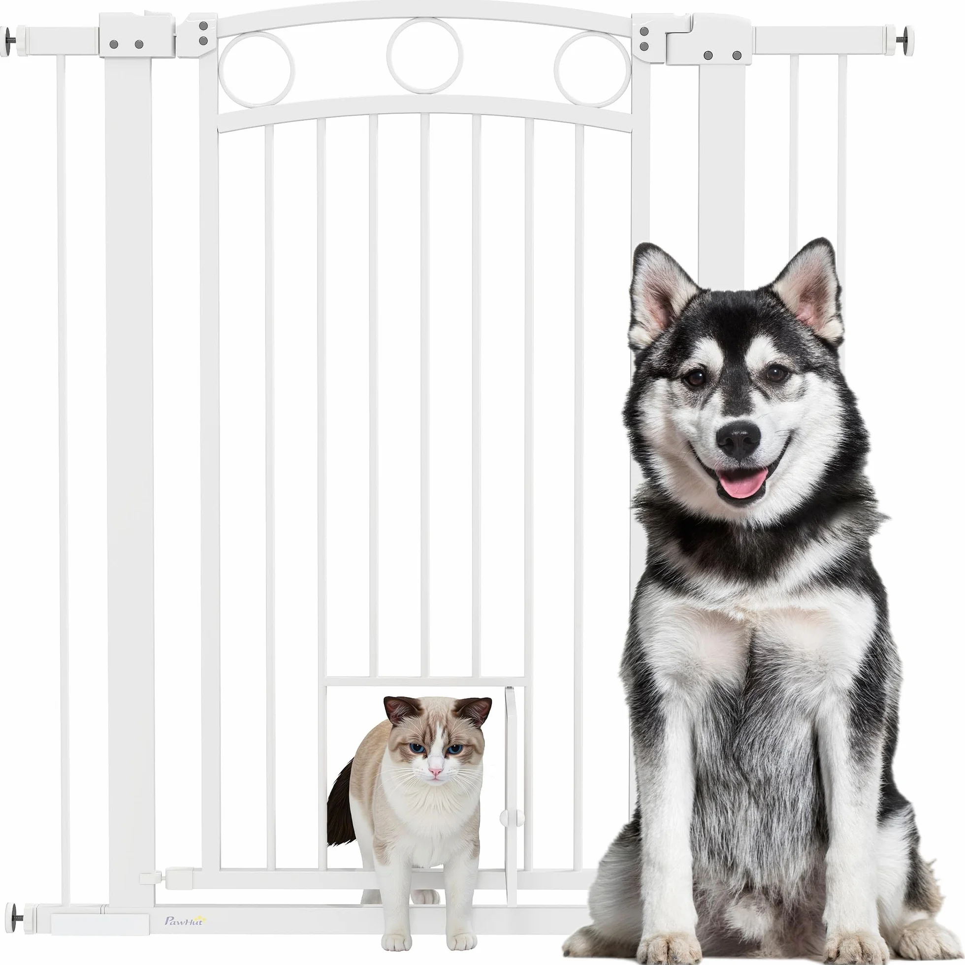 PawHut Cancelletto per Cani da Interno, Cancelletto di Sicurezza con 2 Estensioni 76-104 cm e Porta per Gatti, Cancello per Cani Animali Domestici Alto 106 cm per Corridoio e Scale, Bianco