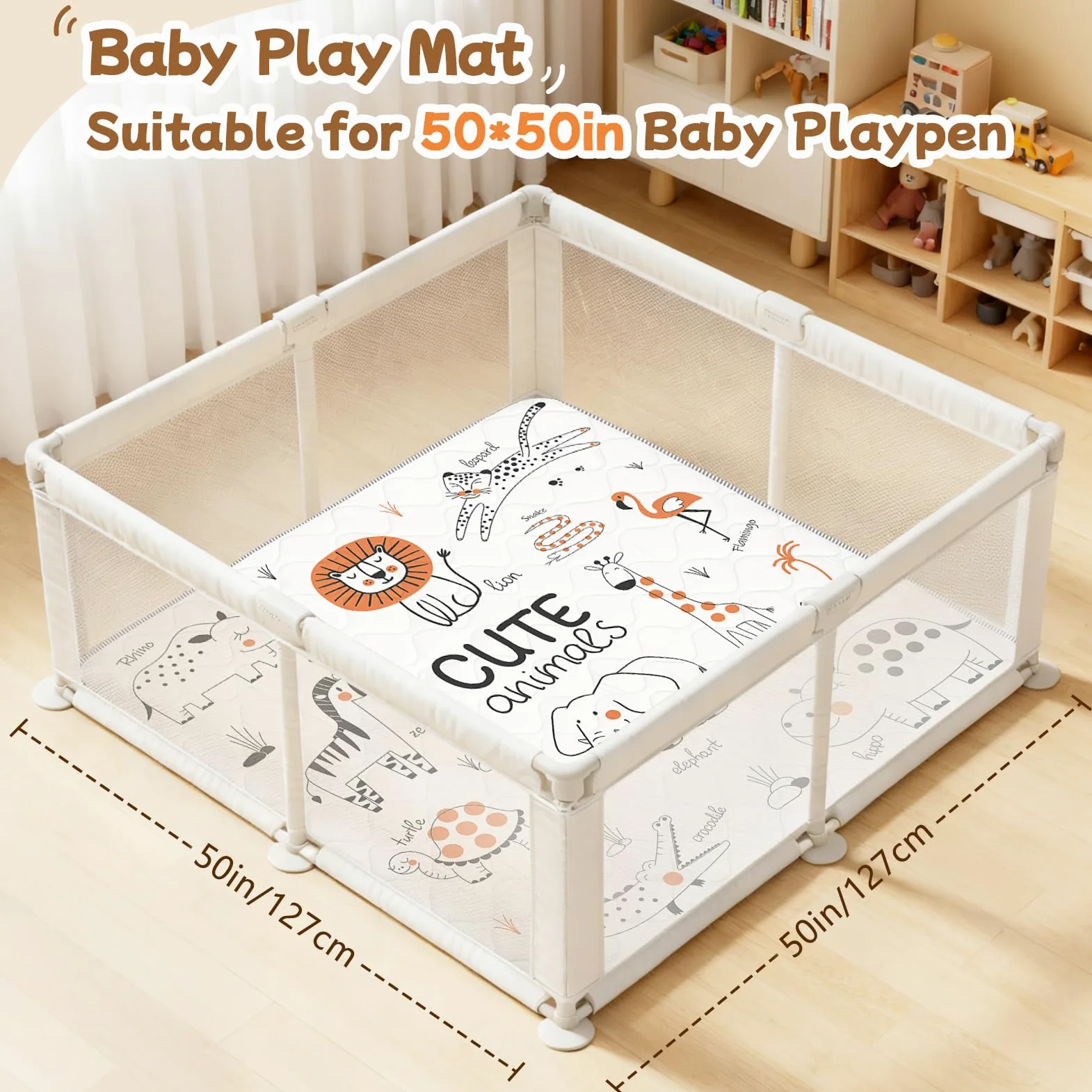 Tappetino per Giochi Bambino 127 * 127cm, Tappeto Attività Morbido con Imbottitura Spessa per Tempo a Pancia in Giù, Base Antiscivolo Sicura per Gattonamento, Animali linea
