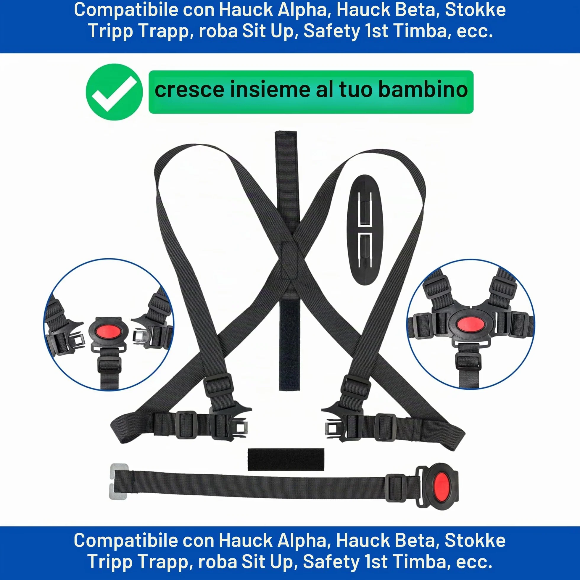 Sistema di imbracatura a 5 punti per seggiolone, 1 Set, compatibile con Hauck, Stokke Tripp Trapp, Roba, ecc., in Nero, imbracatura con clip sul petto