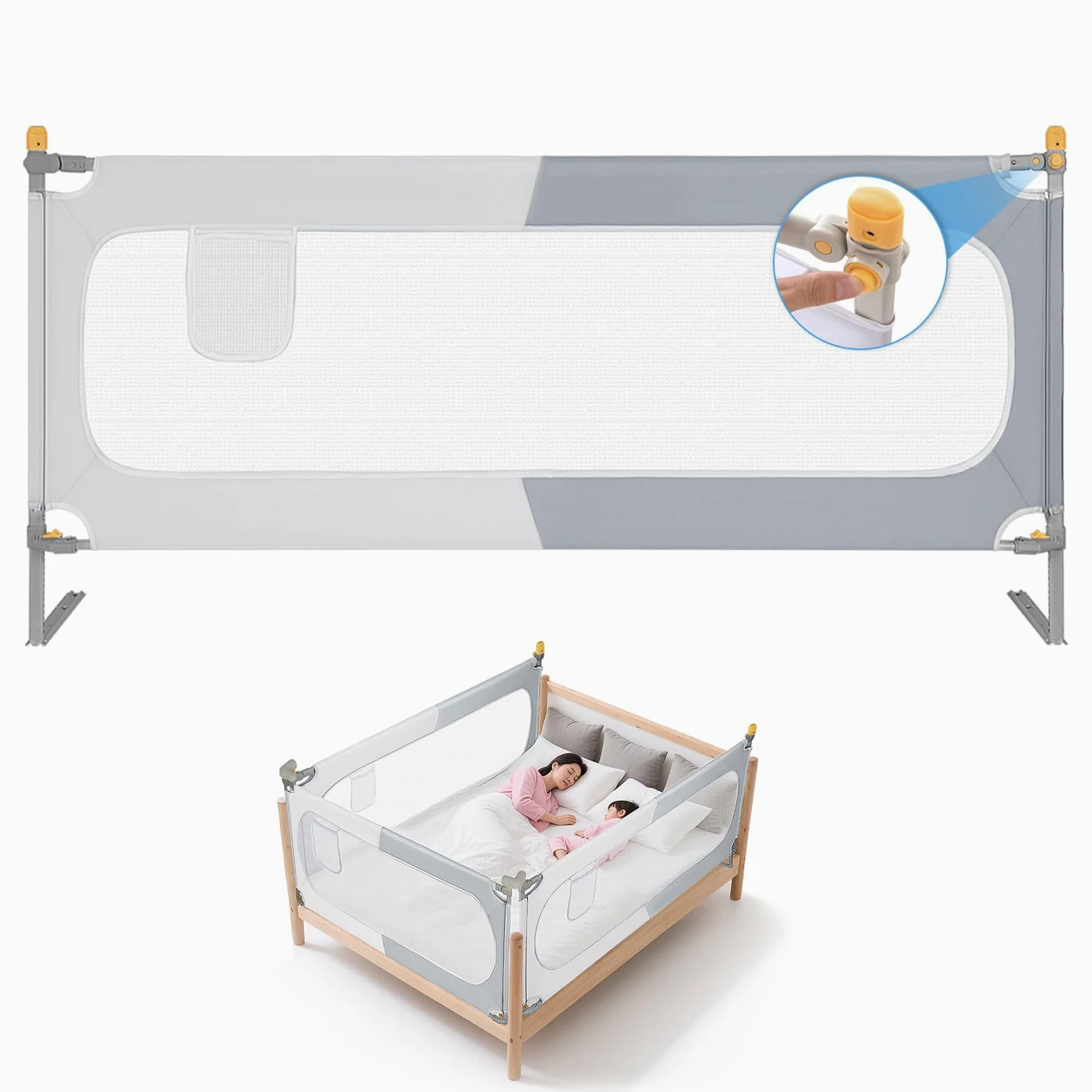 Barriera di protezione per letto, 180 cm, per bambini, pieghevole, protezione anticaduta | Sponda per letto regolabile in altezza a 30 livelli, motivo a blocchi di colore grigio/bianco, tessuto Oxford 302D
