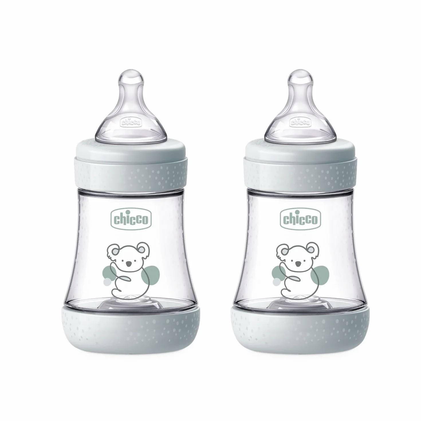 Chicco PERFECT 5, Doppio Biberon Anticolica da 150 ml, Biberon Flusso Lento da 0 Mesi + con Tettarella in Morbido Silicone, Biberon simil seno materno, Biberon anticolica per allattamento misto