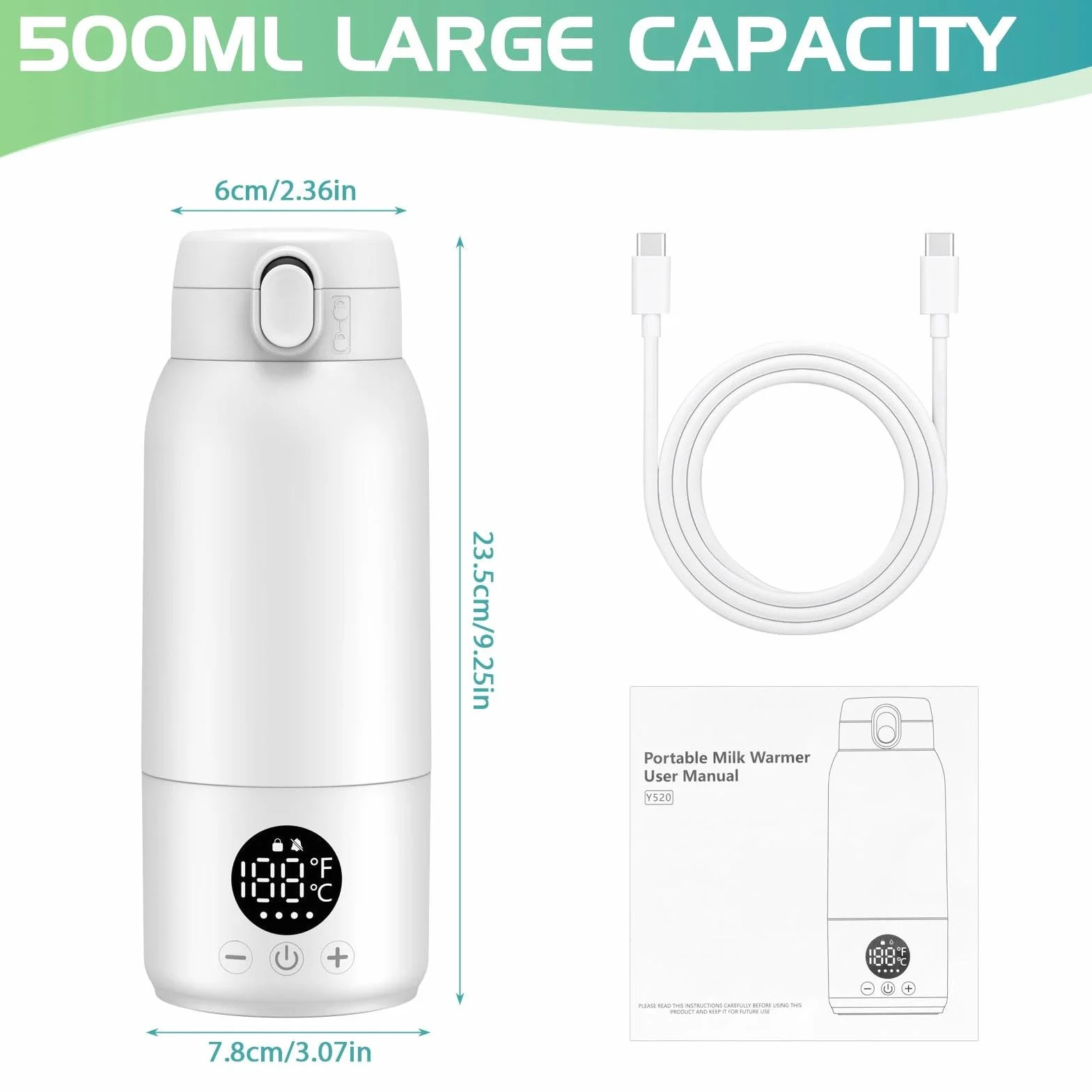 Scaldabiberon Portatile, 500ml Scalda Biberon Neonato, Riscaldamento Rapido e Lunga Durata della Batteria, Temperatura Regolabile 35 ℃-70 ℃, Scaldalatte per Neonati Ideale per Viaggi(Bianco)