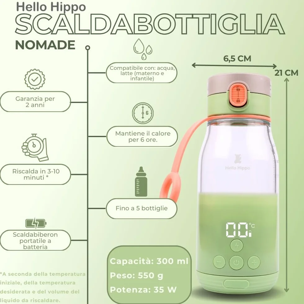 Scaldabiberon Nomade 300 ml – Senza fili, batteria ricaricabile USB, auto – temperatura regolabile 37 – 50 °C con mantenimento al caldo – Graduazione 30 ml – ideale per latte e acqua in viaggio