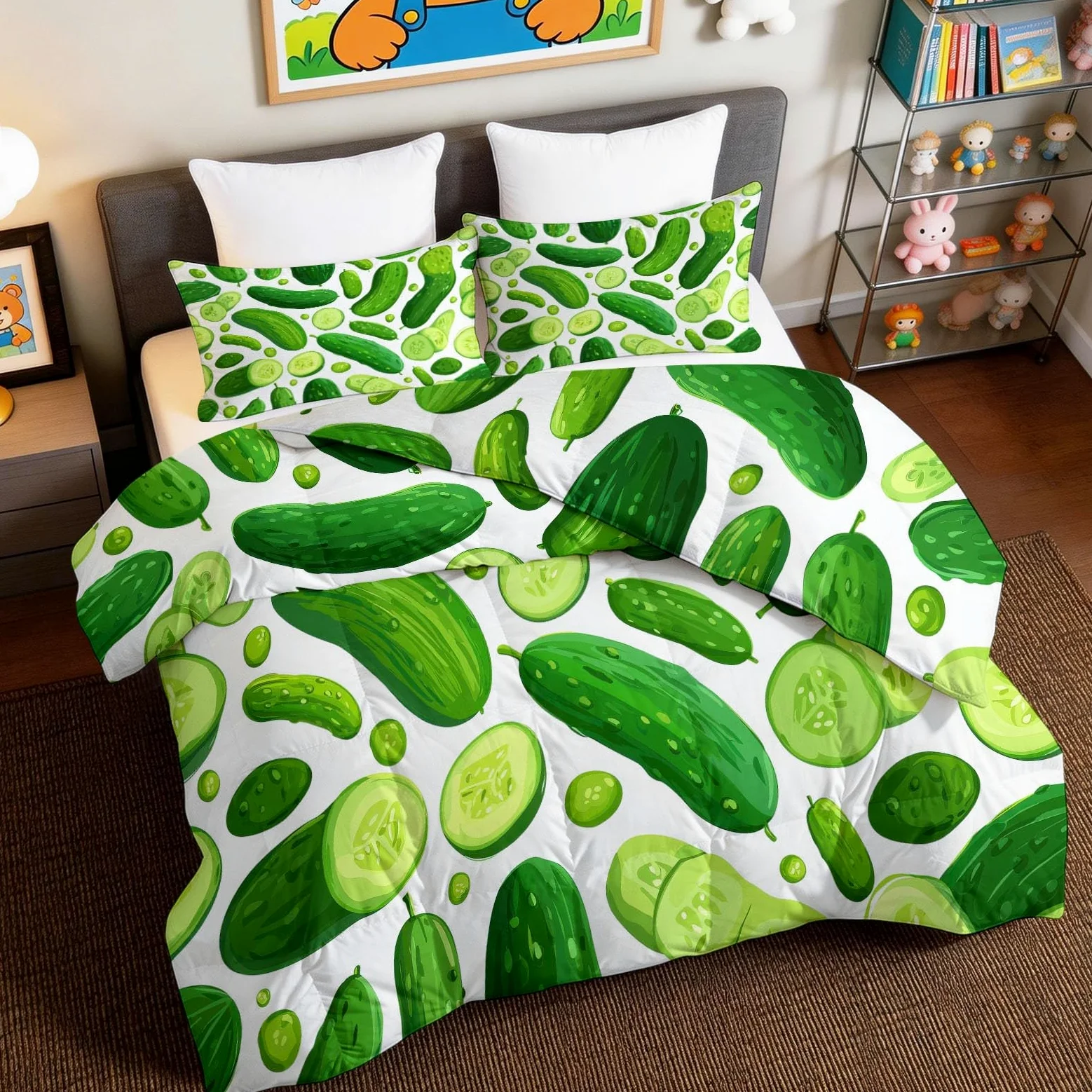 Générique Piumino lavabile per bambini, 200 x 200 cm, bianco cartone animato, verdura, cetriolo 4 stagioni, per letto matrimoniale, piumino reversibile leggero, senza coperte e 2 federe 65 x 65 cm