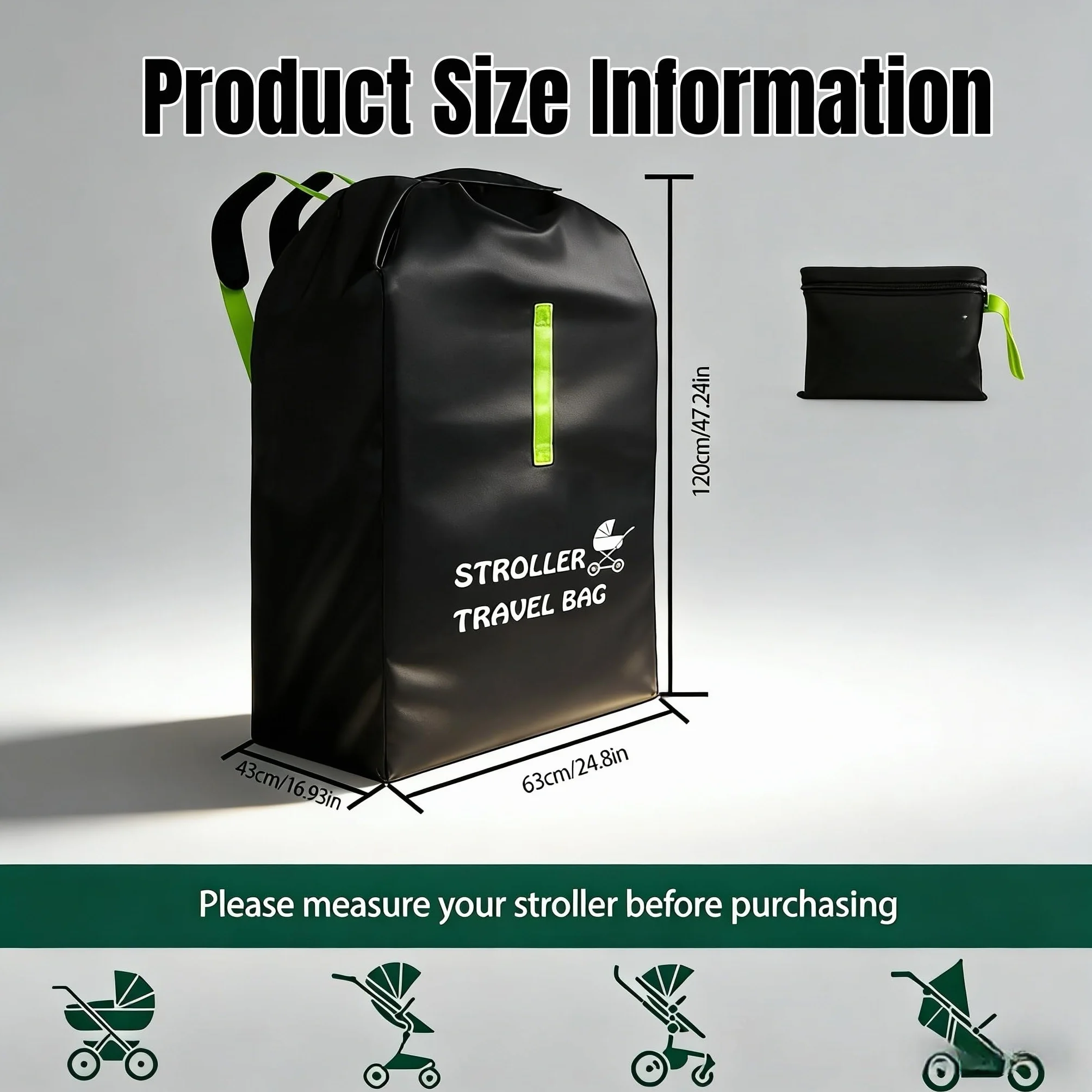Borsa per il trasporto passeggino, aereo, 120 x 63 x 43 cm, impermeabile Oxford, multifunzionale, per viaggi in aereo e tutti i giorni, con cinghie imbottite (nero)