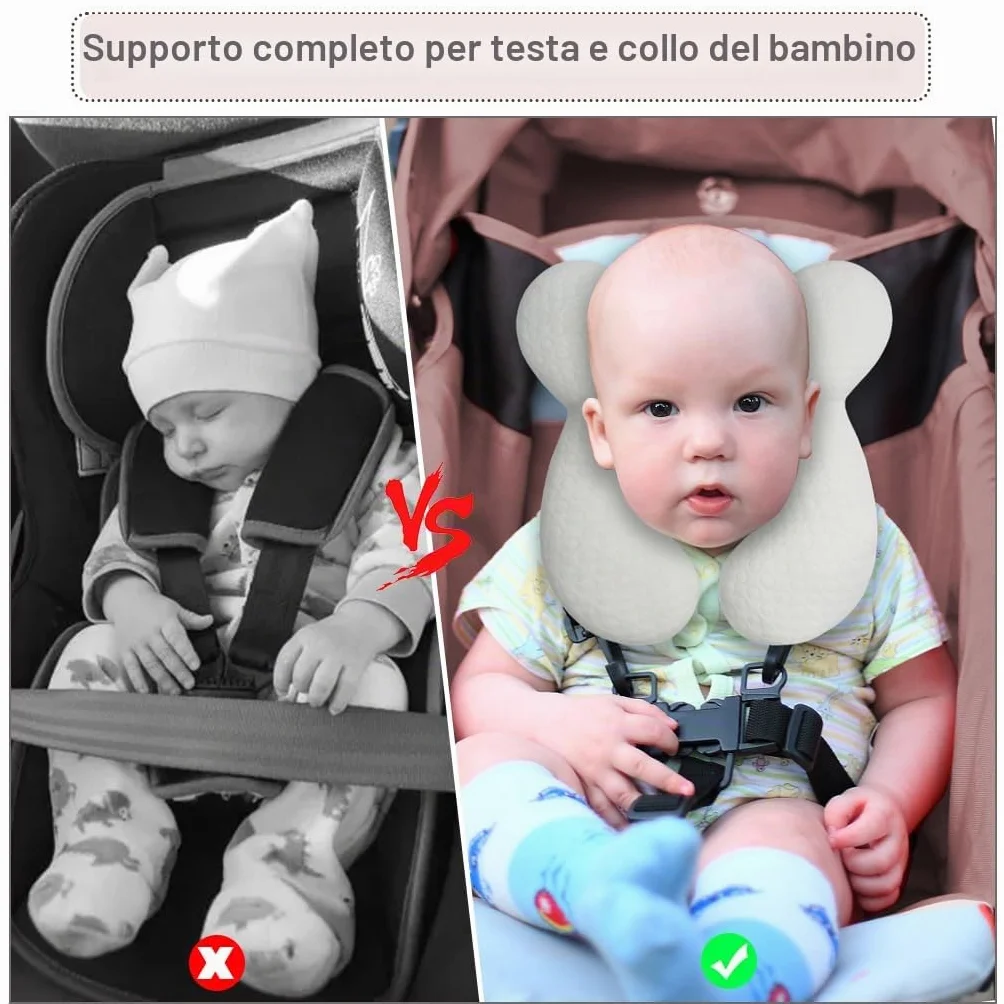 cuscino da viaggio per neonati con supporto per la testa (aggiornato), morbido cuscino in cotone per neonati per seggiolini auto e passeggini, bianco