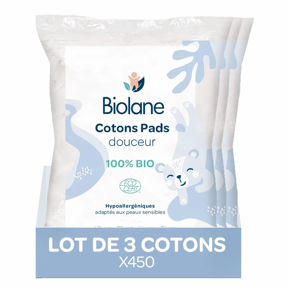 BIOLANE - Set di 3 tamponi morbidi in cotone - Bambino - 100% Bio - 150 cotone - Pelle sensibile - Cambia & Toilette - Fin dalla nascita - Made in France