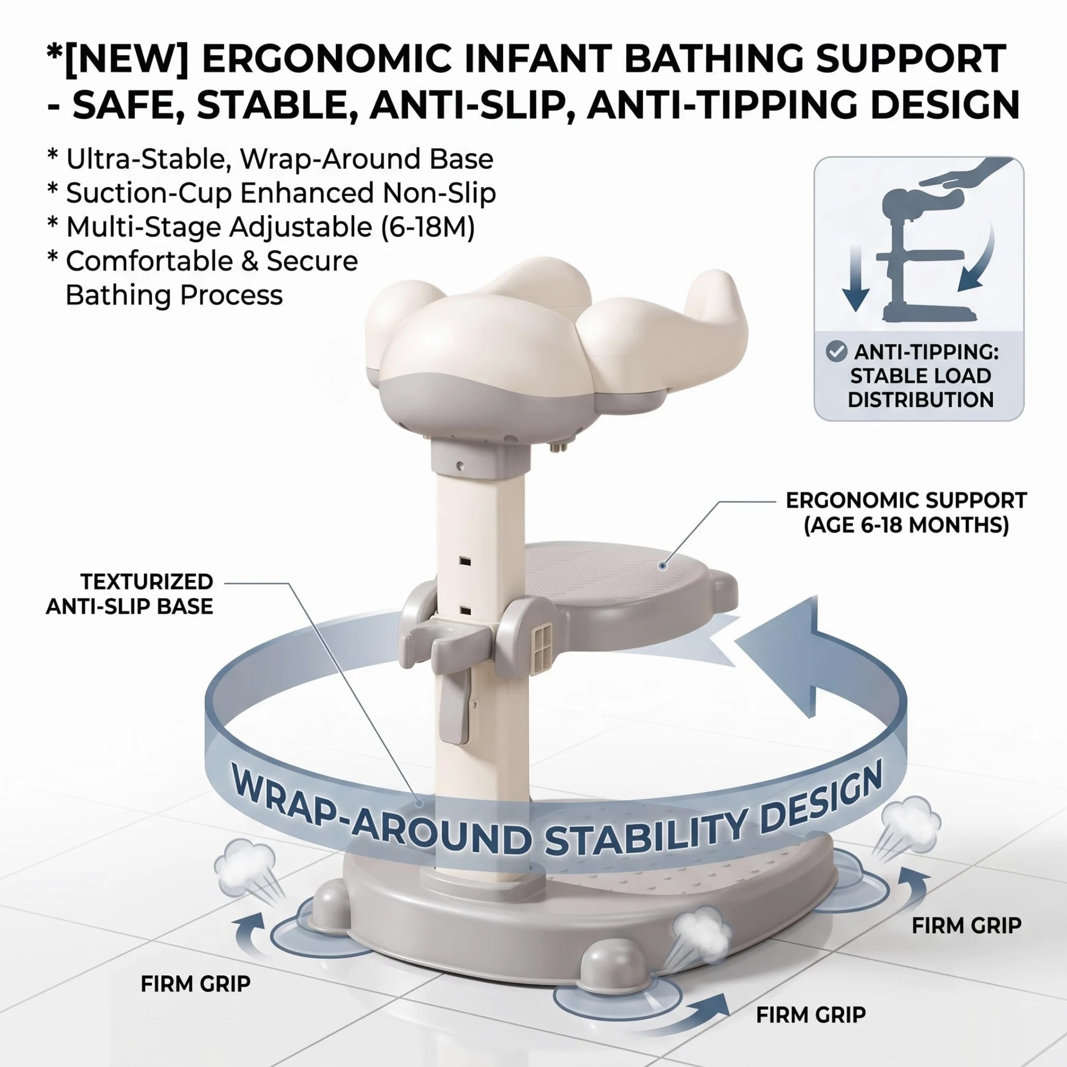 Supporto da bagno con sedile integrato, supporto antiscivolo per vasca da bagno per neonati e bambini piccoli da 8 a 36 mesi