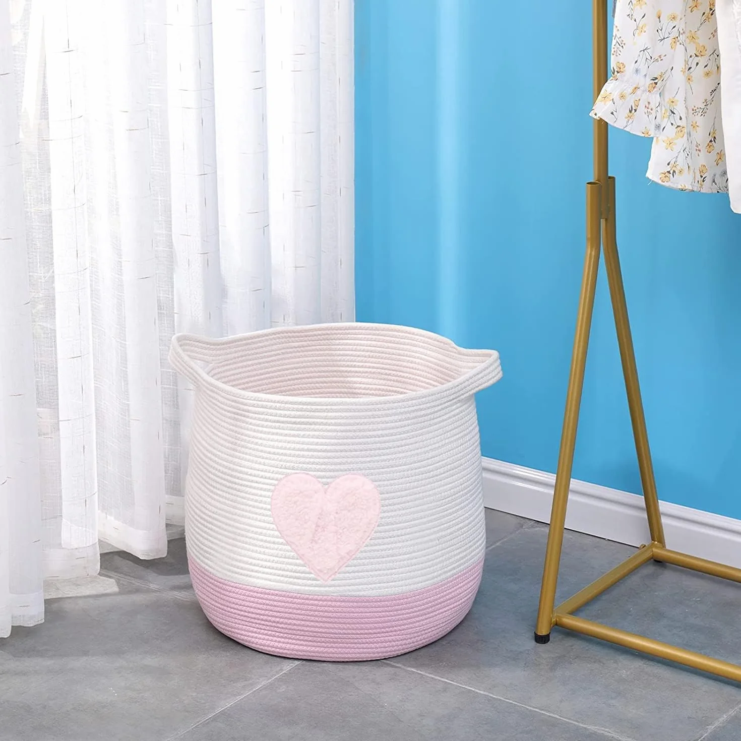 Grande cesto in corda di cotone, cestino portaoggetti per giocattoli, organizer per biancheria e coperte, cesto regalo rotondo con manici per cameretta dei bambini, D45 x 43 cm, prodotto