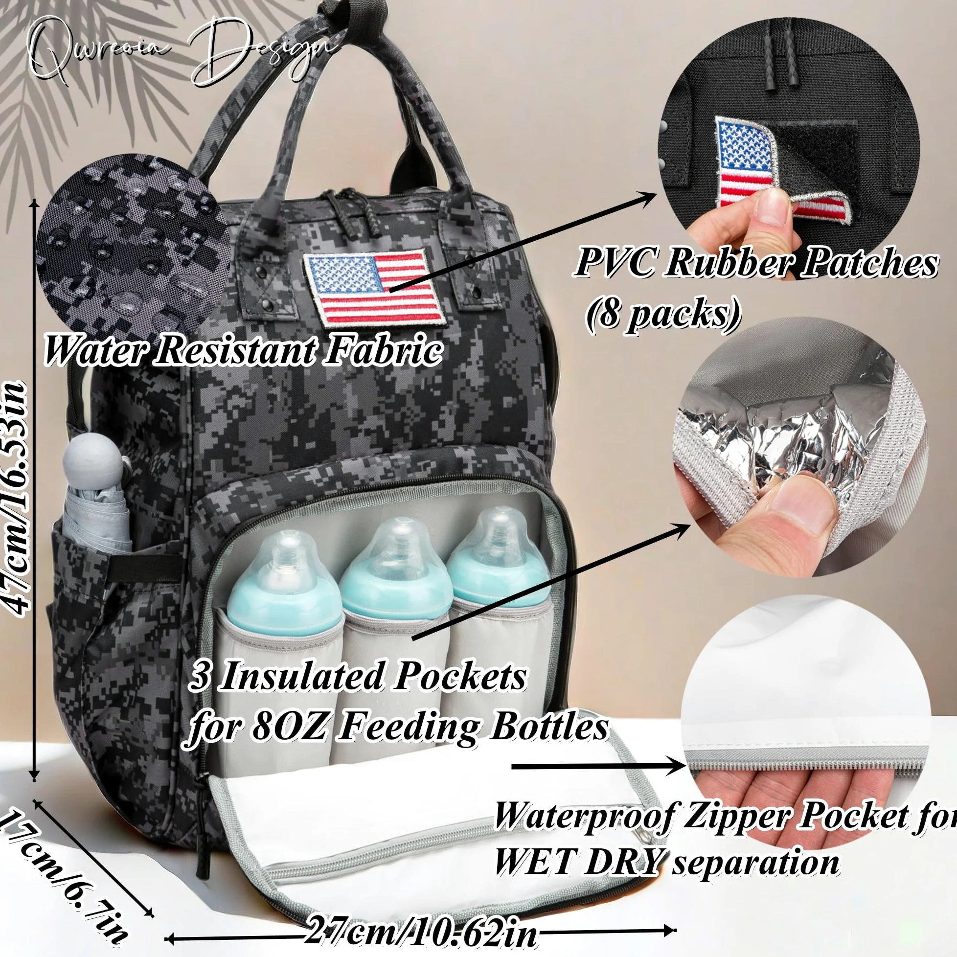 Zaino per pannolini con porta di ricarica USB e tasca isolata, zaino tattico militare da viaggio per papà e mamma (adesivo mimetico nero), nero mimetico, Large, Borse per pannolini
