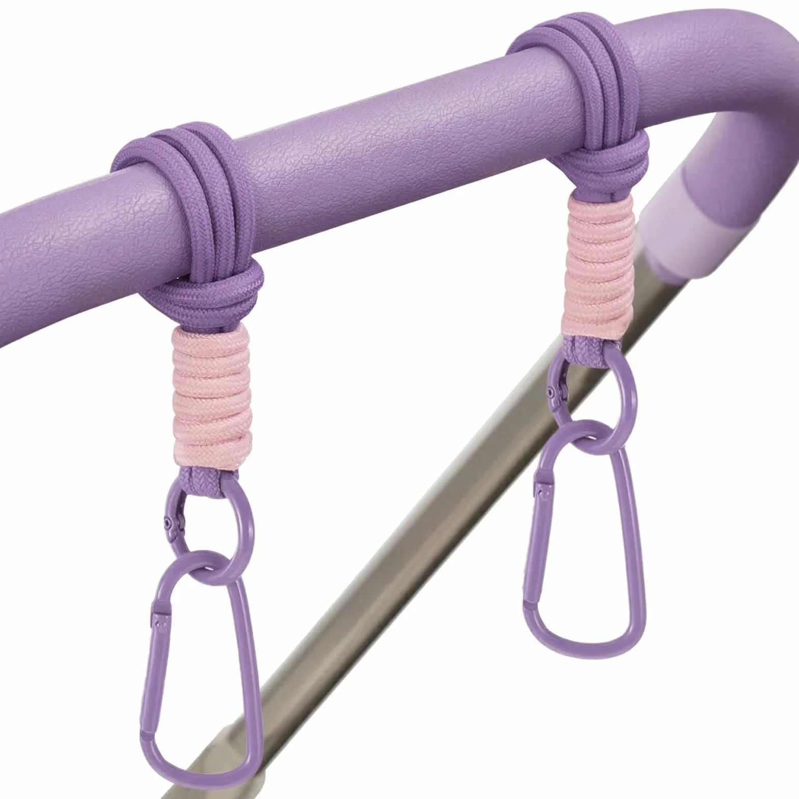 2 Ganci Passeggino in Tulle e Cordino, Ganci Universali per Borsa e Shopping, Organizzatore per Passeggino e Carrozzina, Colore: Viola