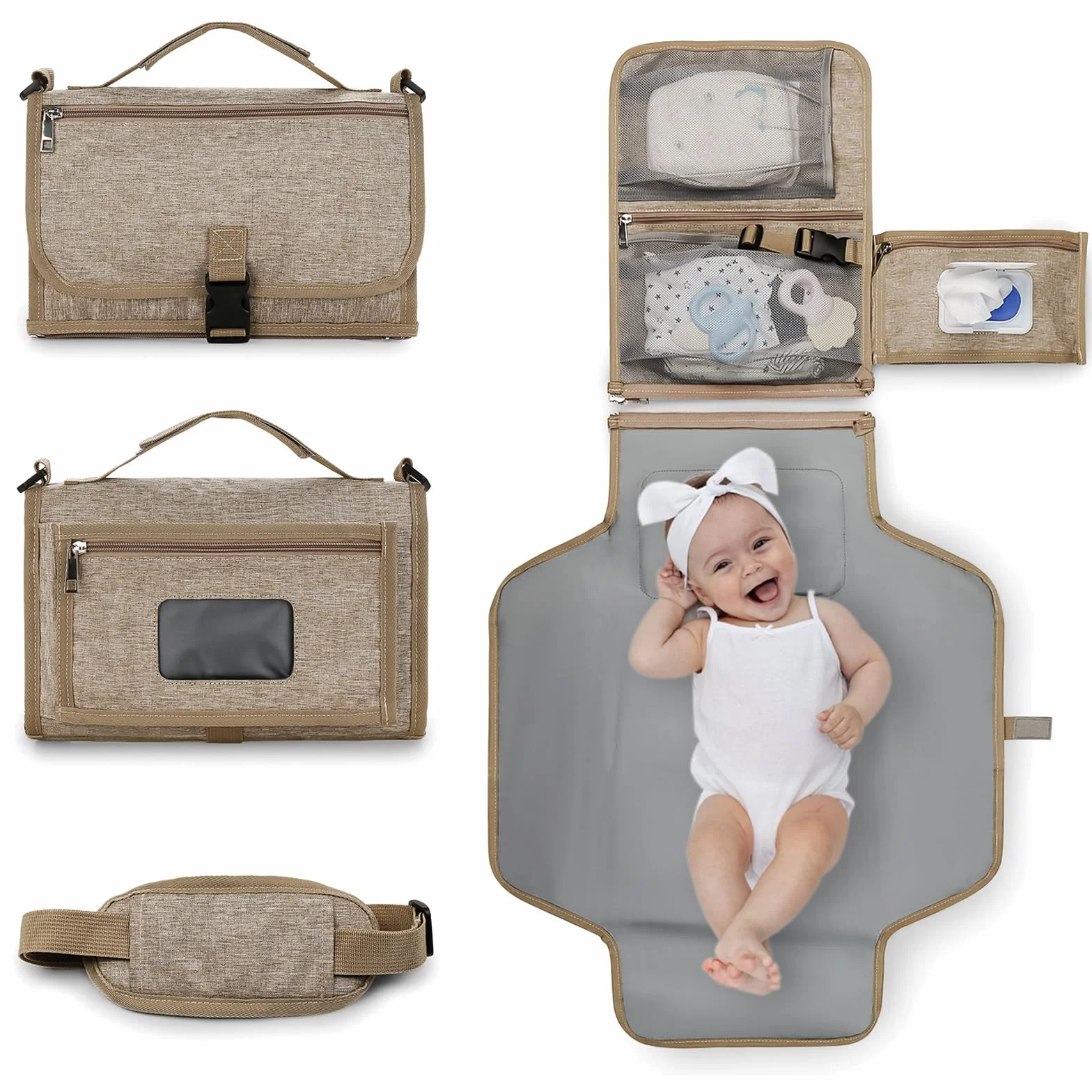 Bebamour Fasciatoio portatile con salviettine tascabili da viaggio con cuscino per la testa per neonati impermeabile pannolini fasciatoio essenziali per neonati,Khaki