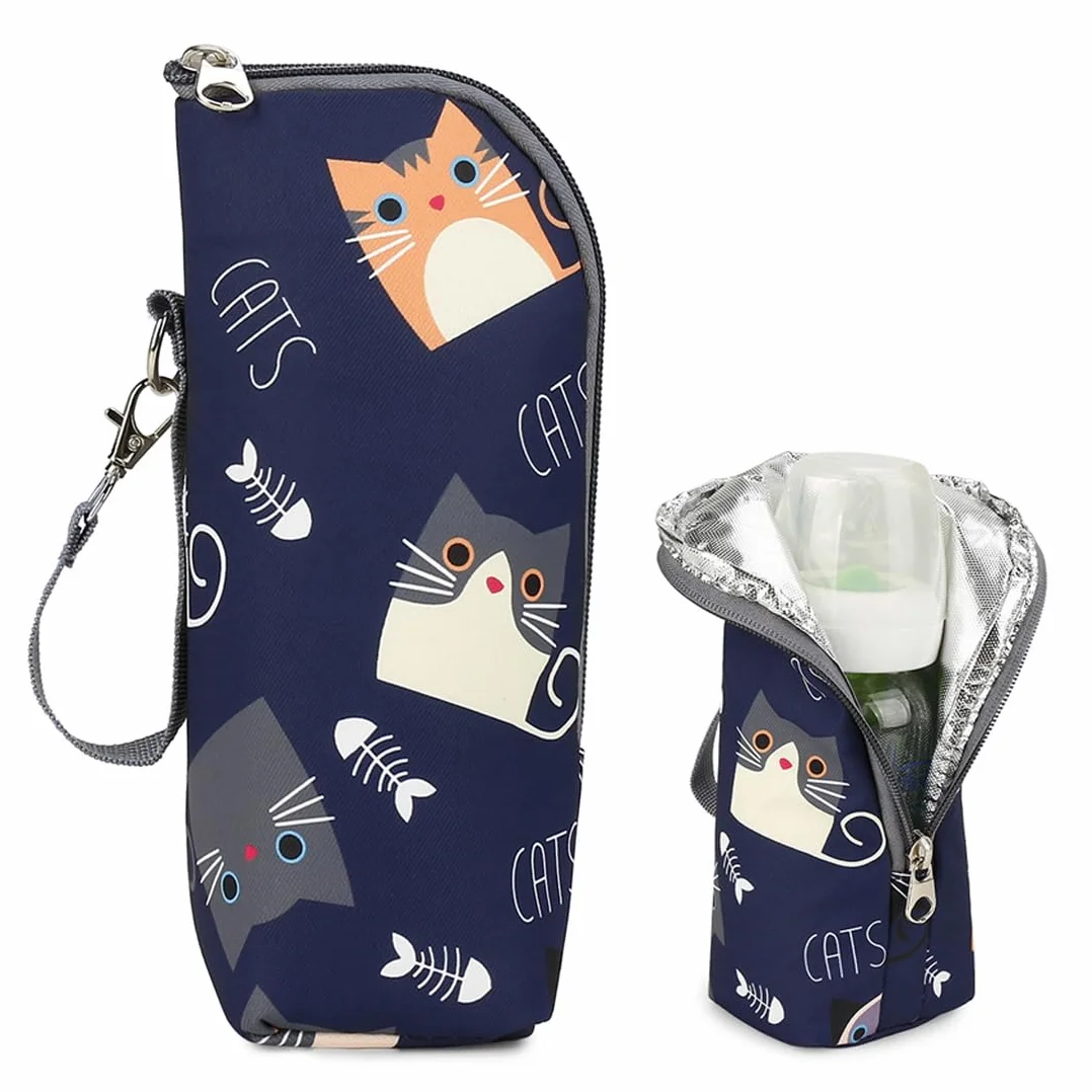 Borsa per bottiglie isolate, borsa da viaggio per bottiglie isolate, isolante portatile universale per bottiglie (blu con motivo a gattini)