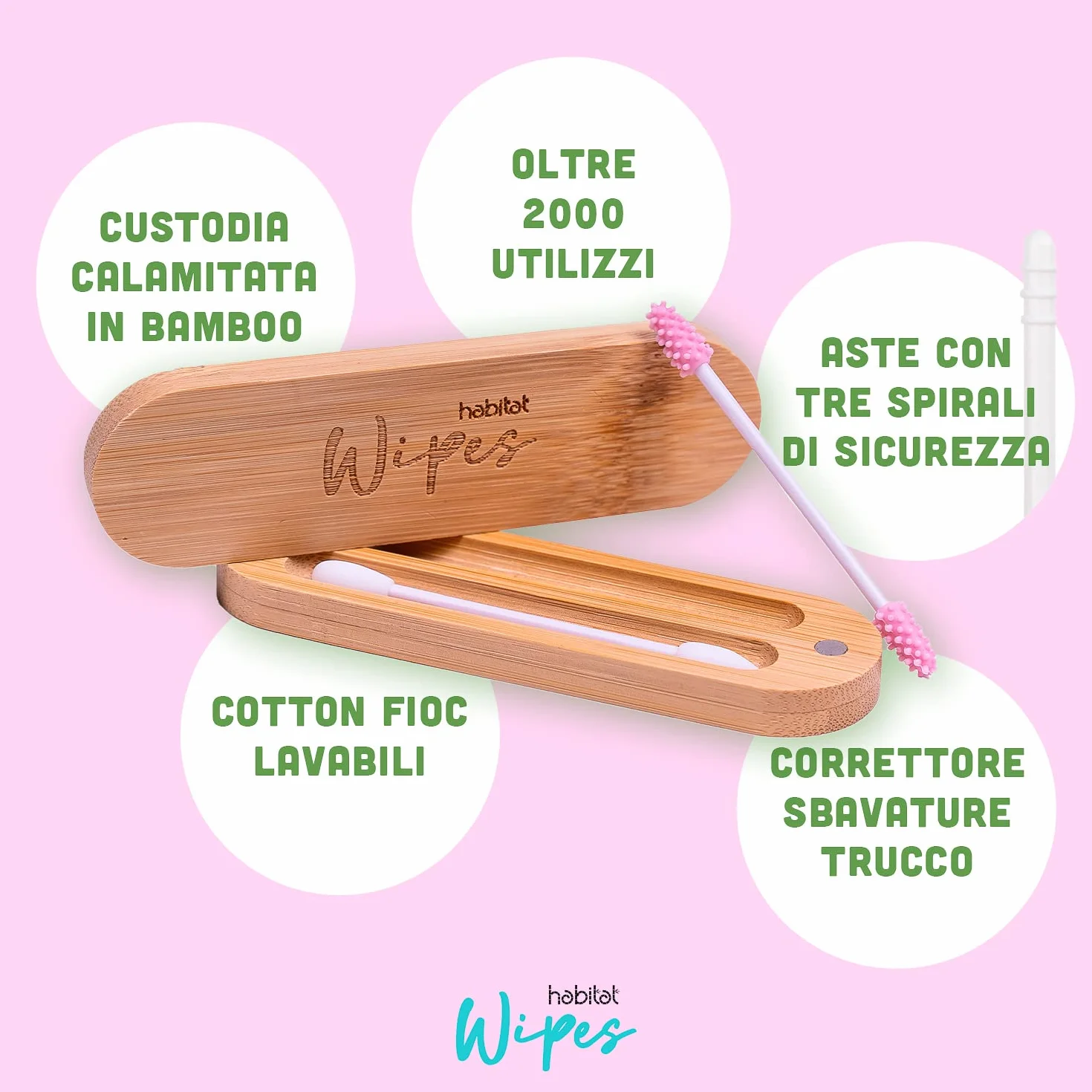 Habitat Wipes - Cotton Fioc Riutilizzabili per orecchie e per make-up in Scatola di bambu - Materiale Ecologico in Silicone Reusable Biodegradabili Lavabili Eco-Friendly - Rosa e Bianco