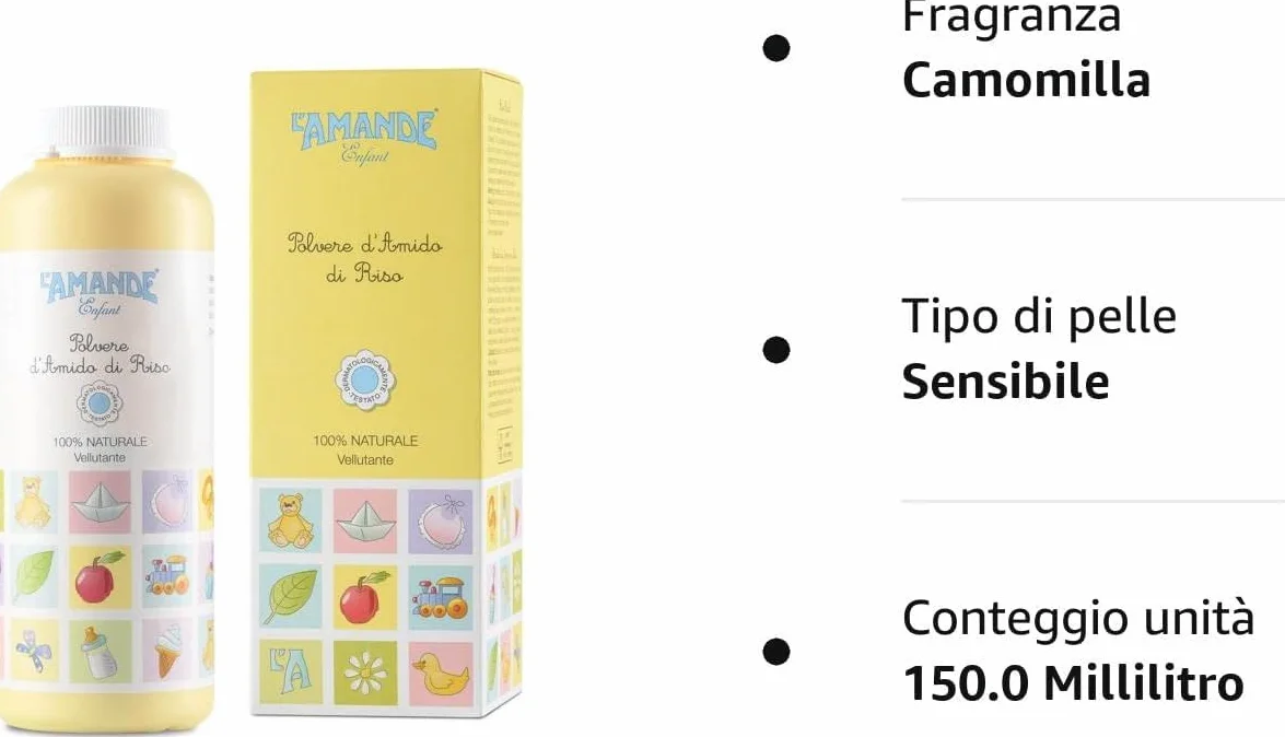 L'AMANDE - Amido di Riso Bagnetto Neonato, Talco Profumato in Polvere per Bambini e Neonati, Rinfrescante ed Emolliente Contro Arrossamenti e Irritazioni, Polvere Vellutante Naturale - Enfant, 150 g