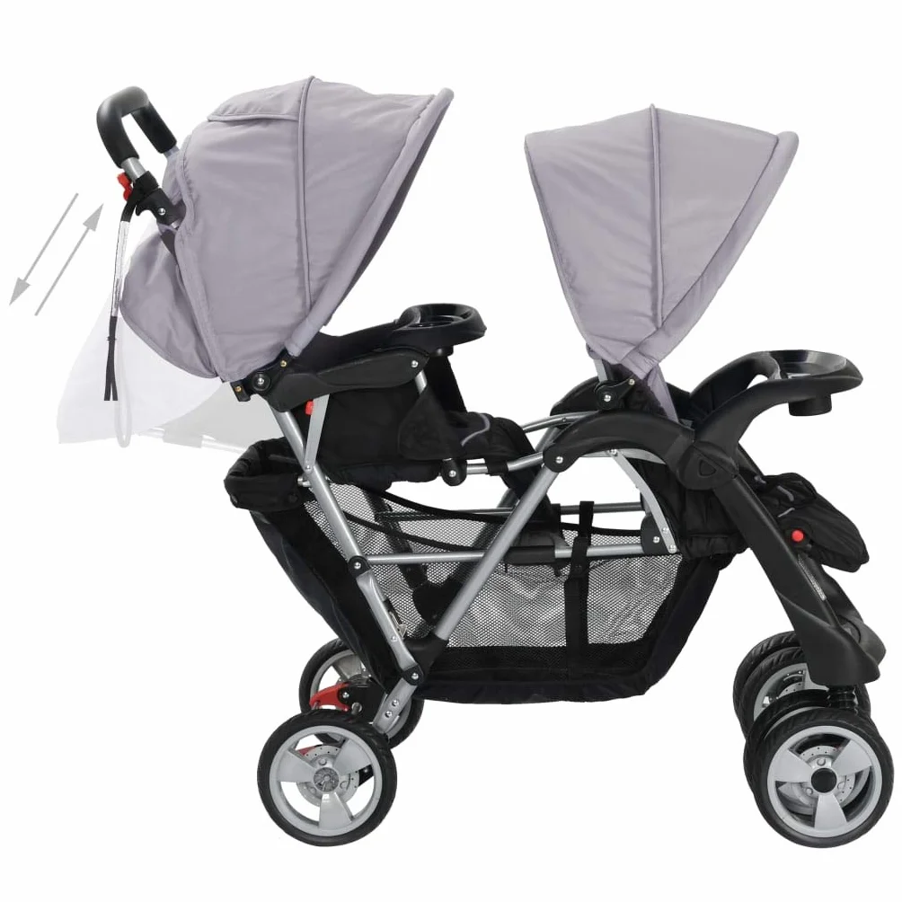 Kavolet Passeggino gemello, gemello, passeggino tandem per 2 bambini, passeggino da viaggio, passeggino 2 in 1, grigio e nero, 122,5 x 53,5 x 111 cm, in acciaio