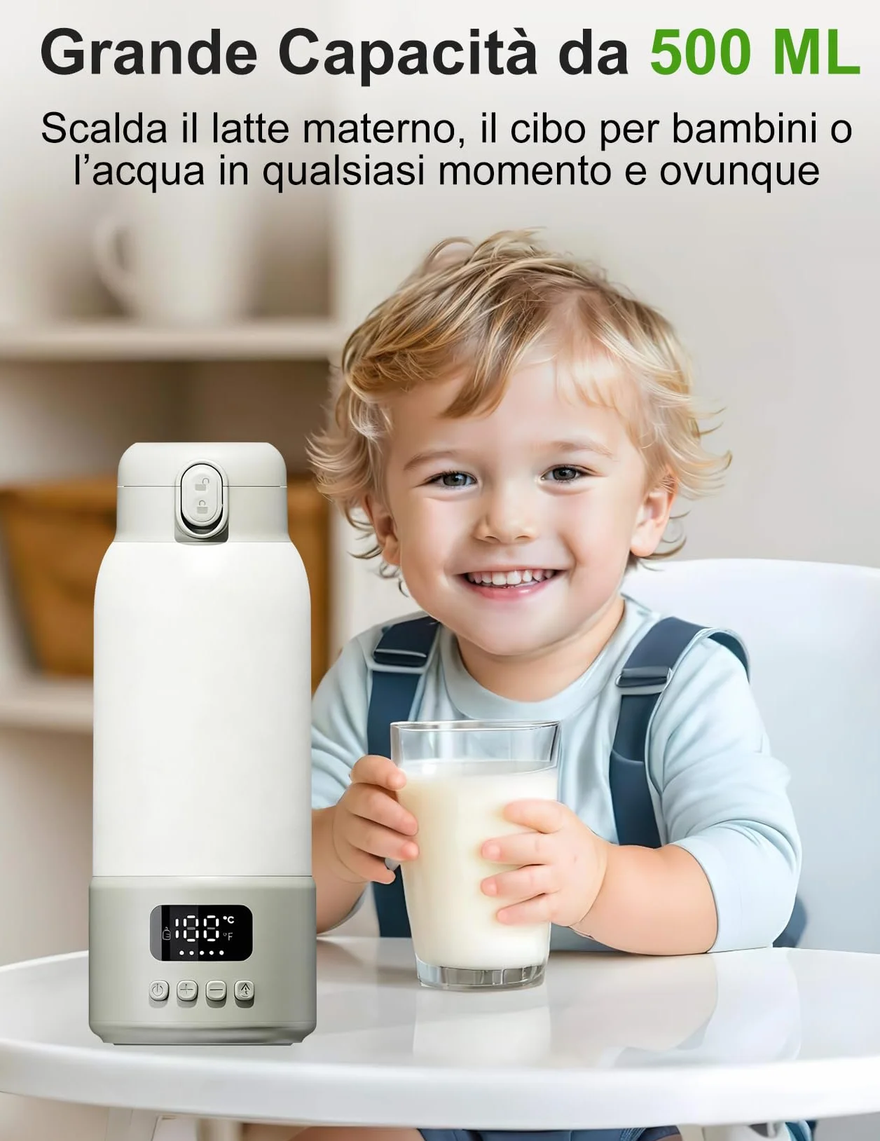Scaldabiberon Portatile per Bambini da Viaggio, Scaldabiberon da 500 ml 35-70 °C Riscaldamento Rapido Latte Materno e Acqua, Controllo Preciso Della Temperatura per Viaggi, Auto e Attività All'aperto