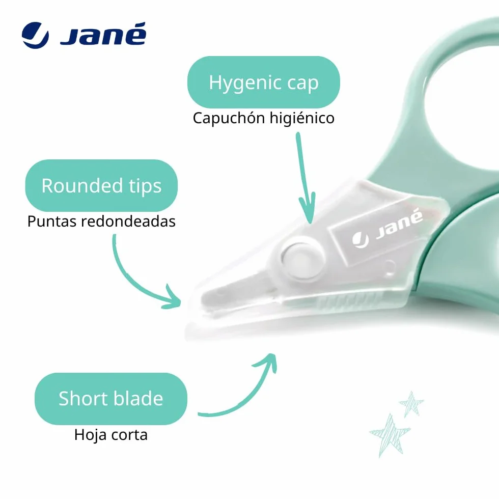 Jané Forbici per neonati, punta arrotondata, con cappuccio igienico, in acciaio inox, verde