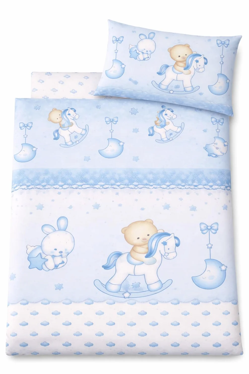 Corredocasa Completo Lenzuola Neonato per Culla Stampato Made in Italy, Disegni Assortiti Disponibile in Diversi Materiali Cotone Flanella (Celeste, Cotone)