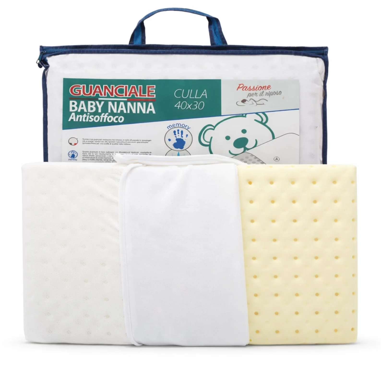 Cuscino Antisoffoco Neonato da 6 Mesi a 2 Anni Guanciale Memory Foam 100%, Traspirante, 40x30 cm Cuscino Culla e Carrozzina Neonato Nanna Sicura, Antiacaro, Antireflusso e Anallergico Made in Italy