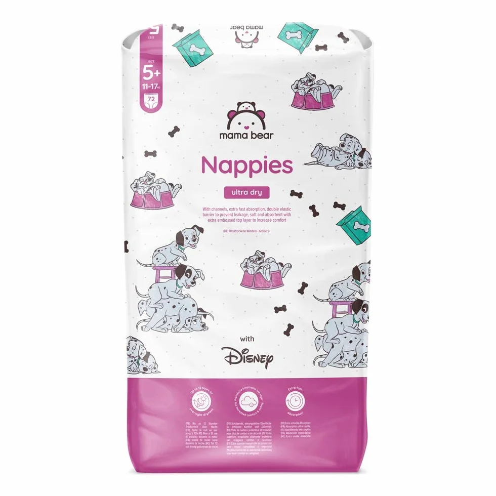 Marchio Amazon - Mama Bear Disney Pannolini ultra-asciutti, Taglia 5+ (11-17 kg), Bianco, 72 Unità