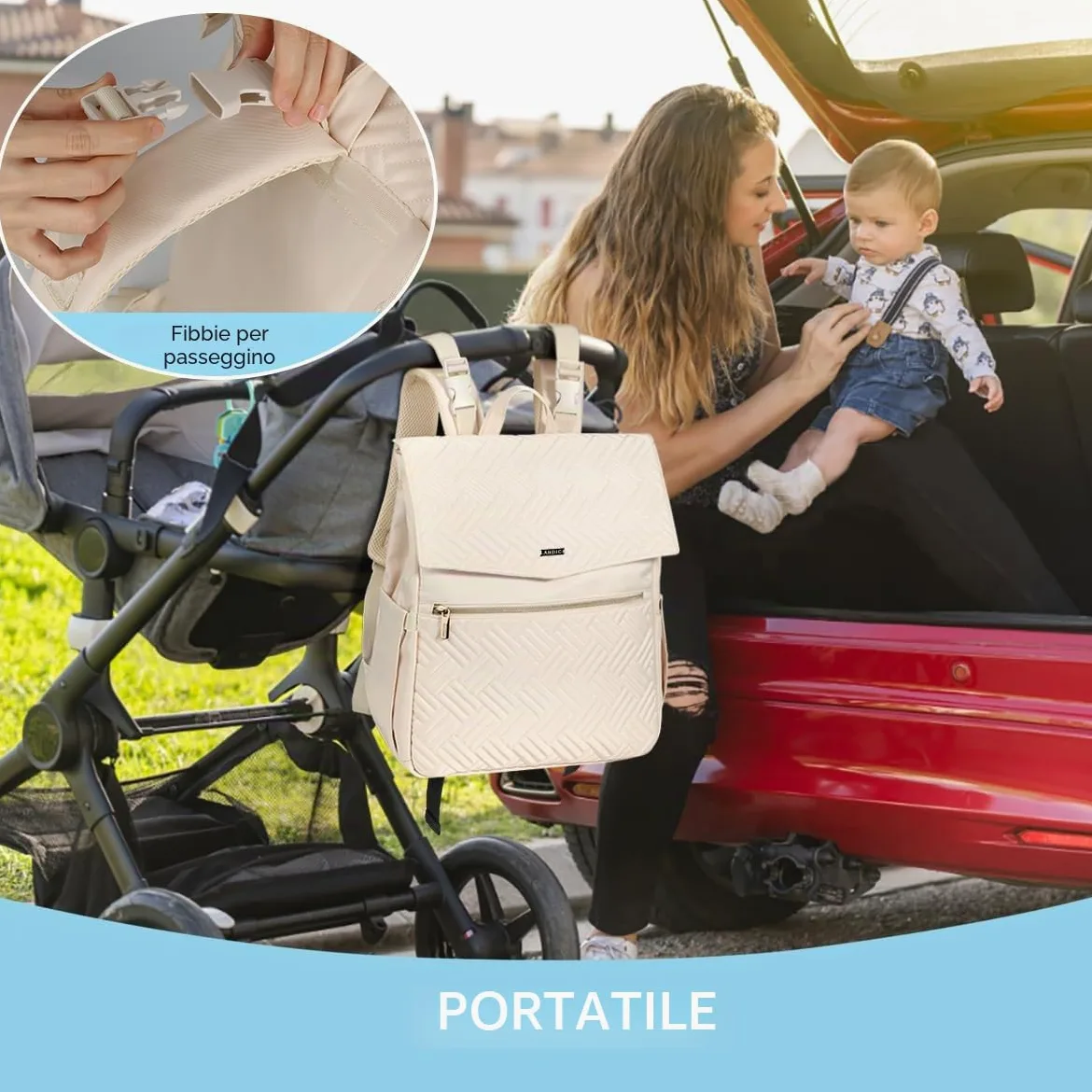 LANDICI Zaino per cambio pannolini, multifunzione, elegante, da viaggio, con tappetino per fasciatoio, cinghie per passeggino, per mamma, papà, ragazzo e ragazze