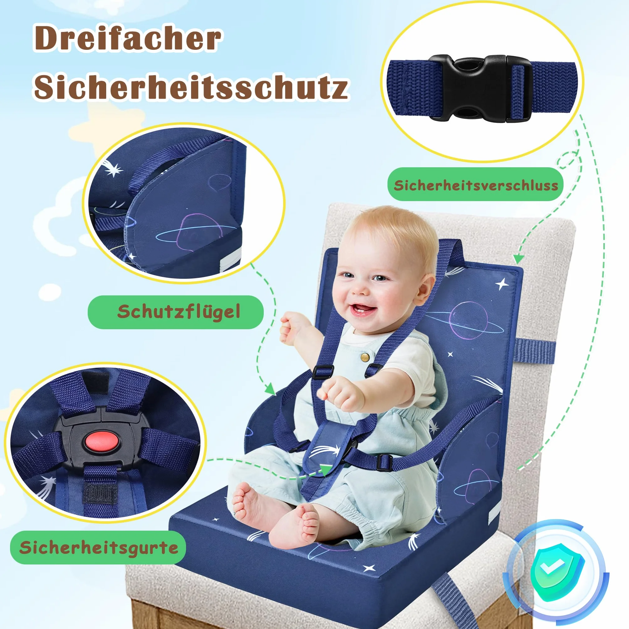 NAIZY Seggiolone rialzo per bambini, con schienale pieghevole e cintura di sicurezza a tre punti, spugne per rialzo della sedia, colore blu