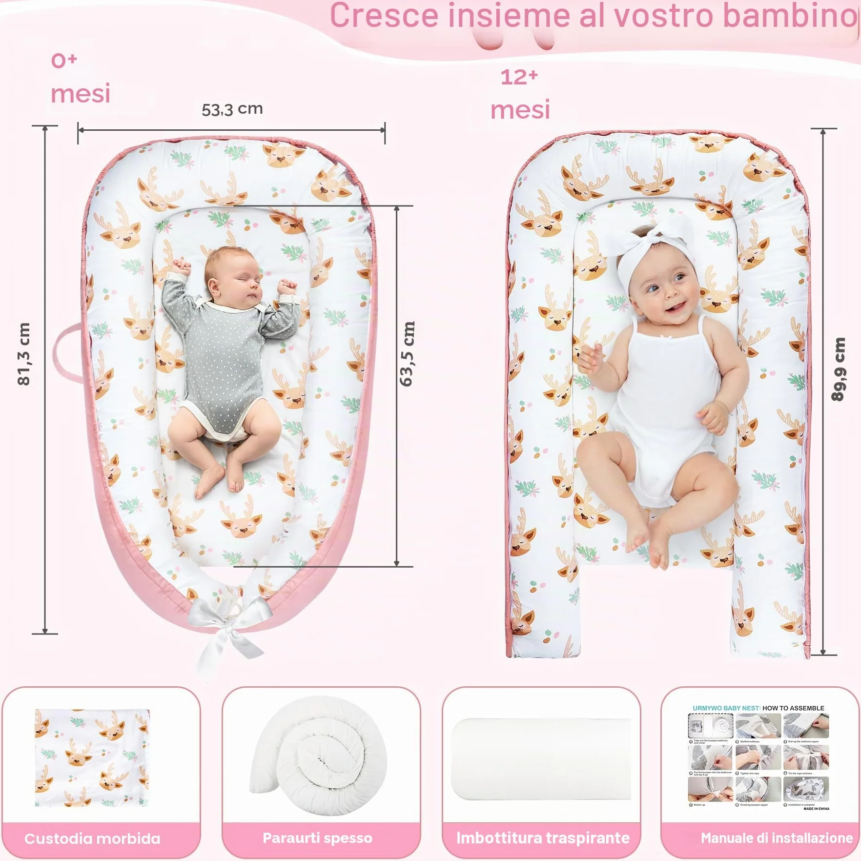 URMYWO Riduttore Lettino Neonato 90x55 cm Cuscino Doppia Faccia Riduttore per Culla Neonato in Cotone 100% Puro Fatto a Mano per Massimo Comfort (Rosa)