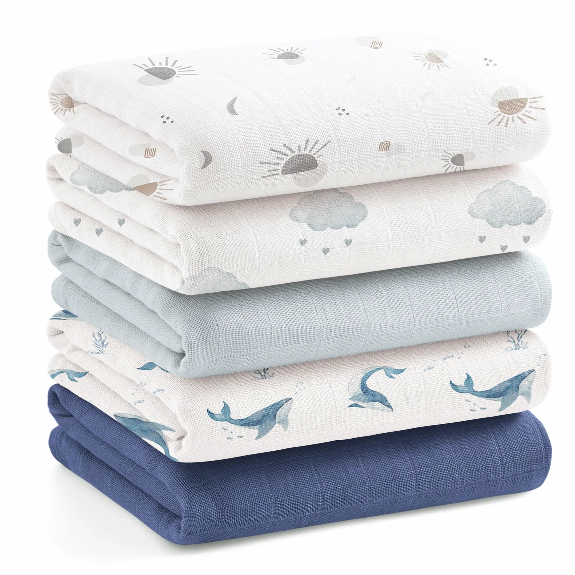 Bearmoss Panno in mussola per bambini, 5 pezzi, traspiranti e assorbenti, 60 cm x 60 cm, per il bagno, asciugare e pulire i neonati (balena blu)