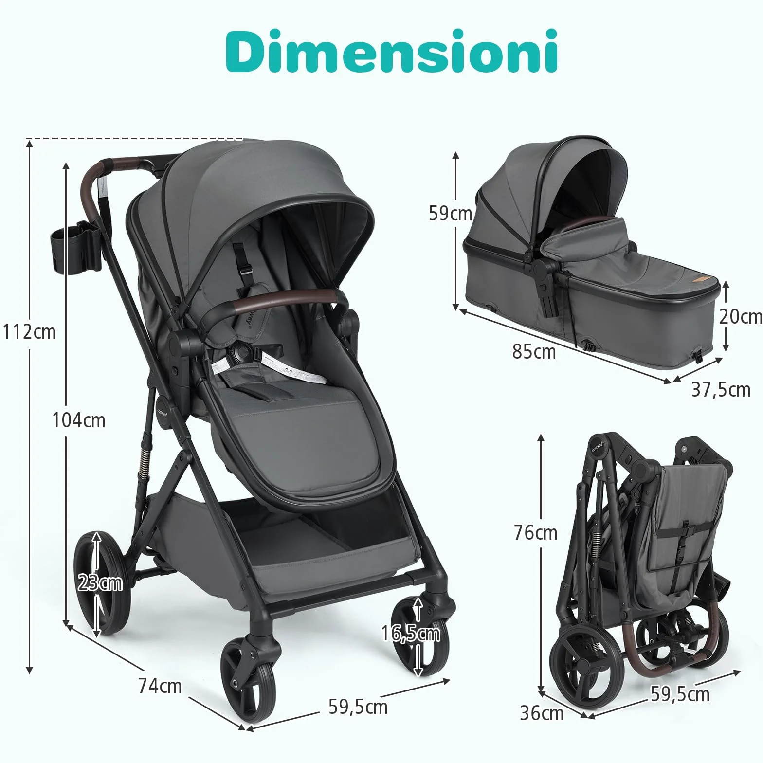 COSTWAY 2 in 1 Passeggino Leggero Pieghevole per Bambini, con Schienale Regolabile, Sedile Reversibile, Tettuccio, Cestello Portaoeggetti, per Neonati per 0-36 Mesi (Grigio)