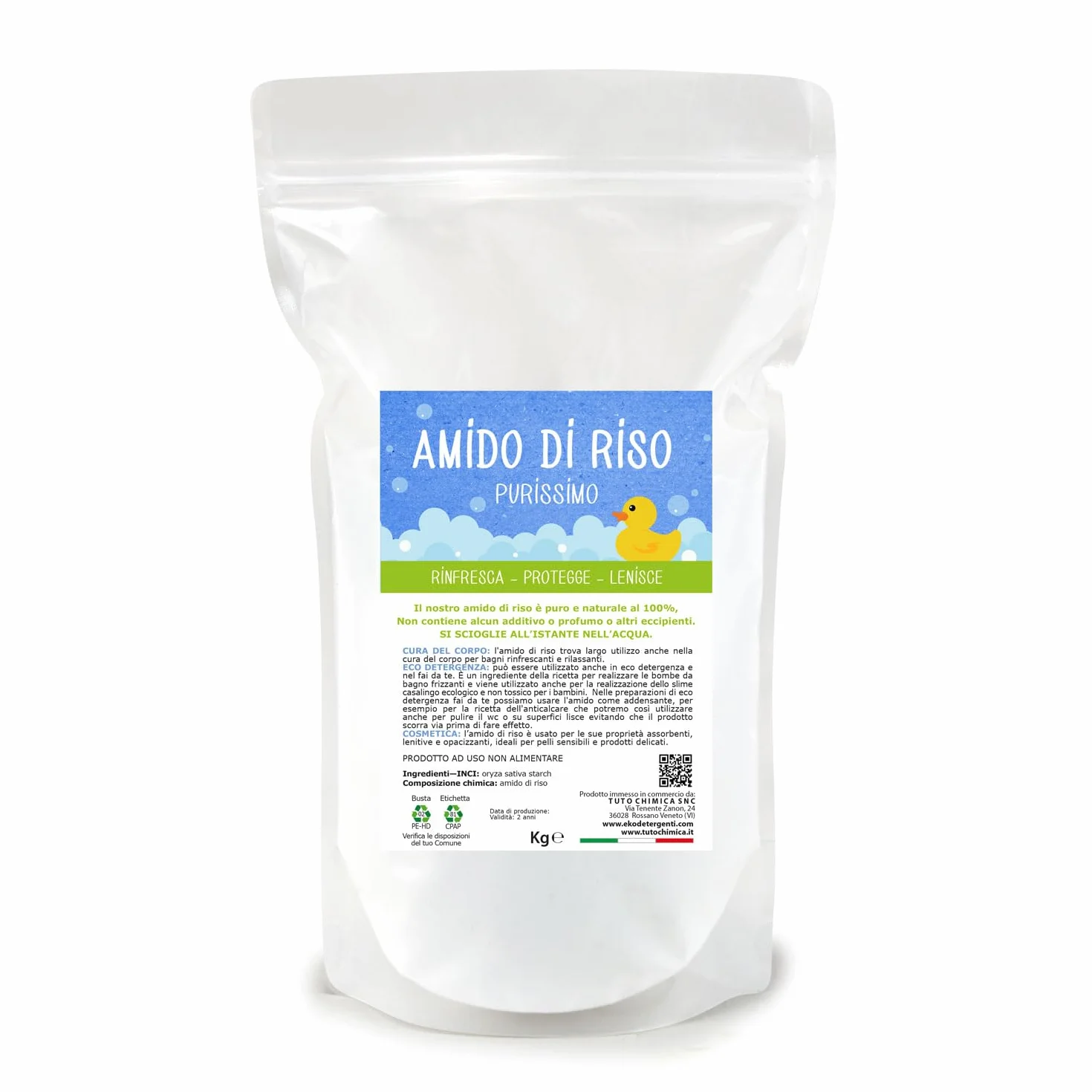 Amido di riso 500 g, Purissimo - Uso esterno, Azione Lenitiva e Rinfrescante - Senza Profumo