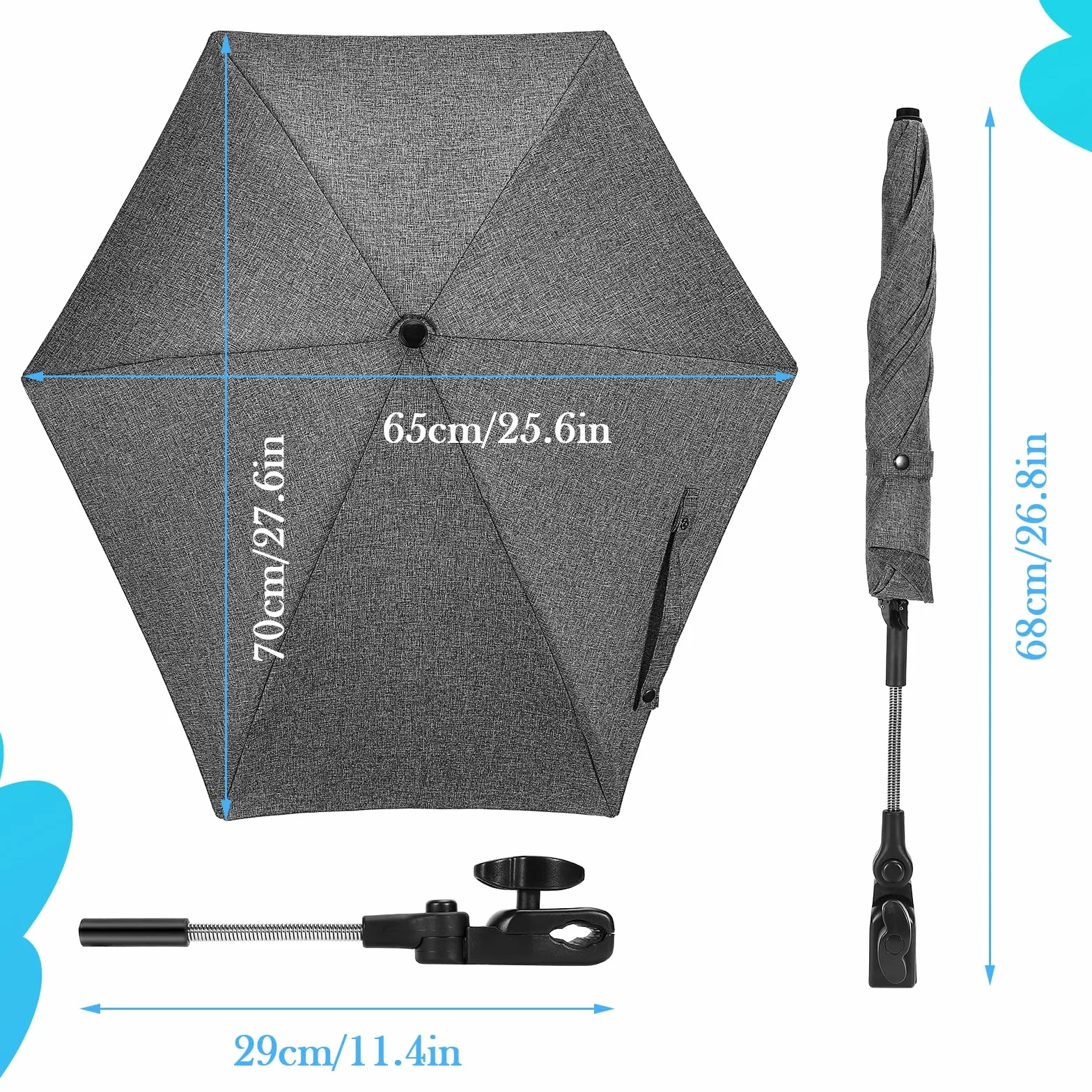 Ombrellone Parasole Passeggino Universale, Protezione Anti UV 50+, Parasole Universale per Bambino Neonato, Diametro 78 cm, Ombrellone per Carrozzina Passeggino, Sedia a Rotelle & Sedia da Spiaggia