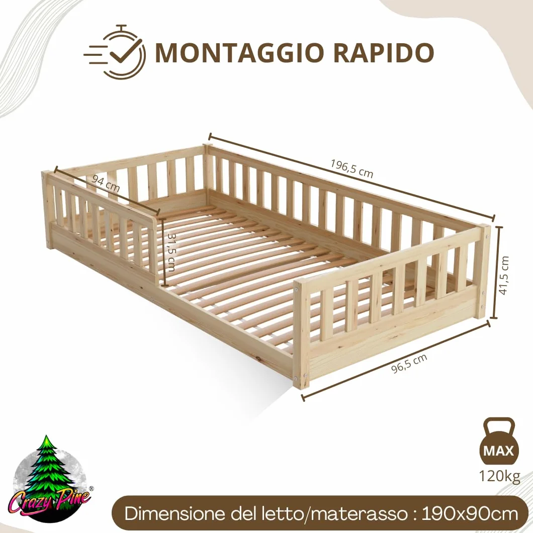 Letto per Bambini 190x90 cm – Letto Montessori a Pavimento in Legno Massiccio con Barriera – Sicuro per Bambini Piccoli – Design Scandinavo - Crazy Basic