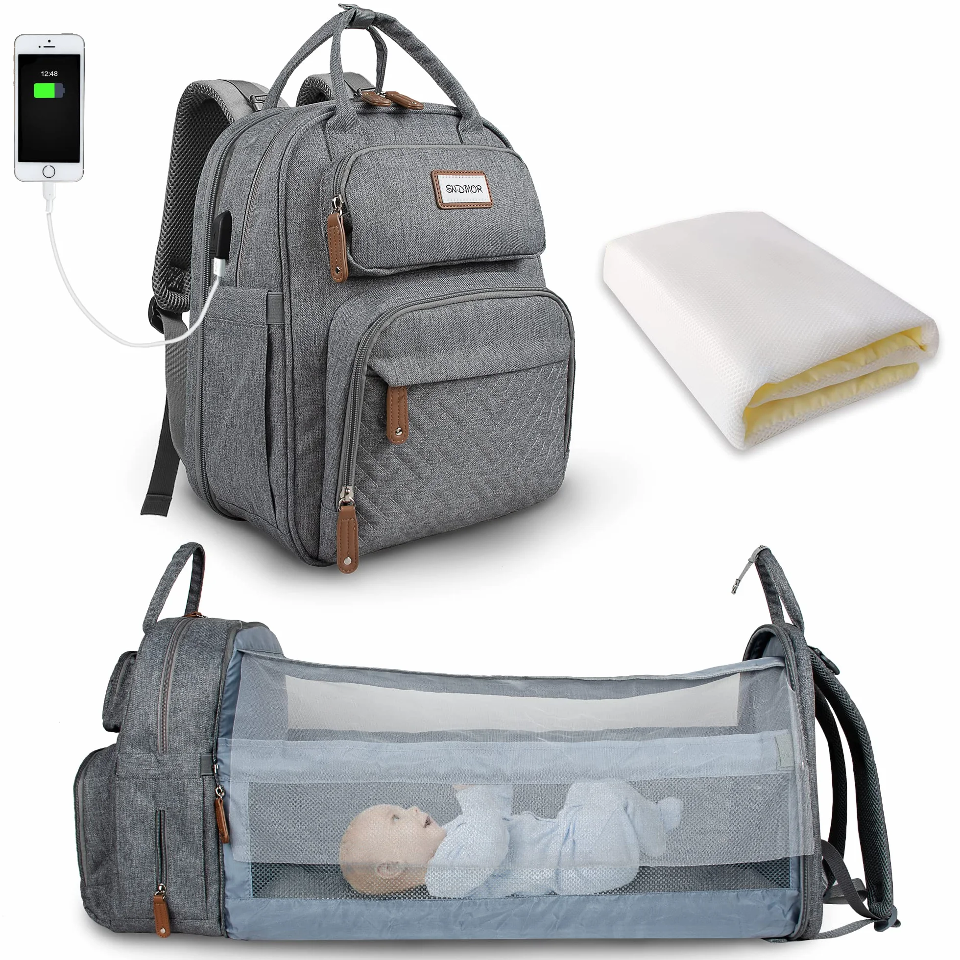 SNDMOR Zaino per Fasciatoio, Borsa per Bebè Unisex Grande con Fasciatoio, Grande Capacità, Impermeabile alla Moda (Grigio Chiaro)