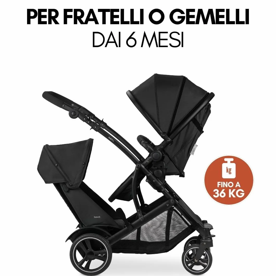 hauck Passeggino Gemellare Duett 4 - Passeggino Doppio per 2 Bambini, Fino a 36Kg, con Coprigambe e Parapioggia - Seduta Convertibile in Navicella Neonato - Nero
