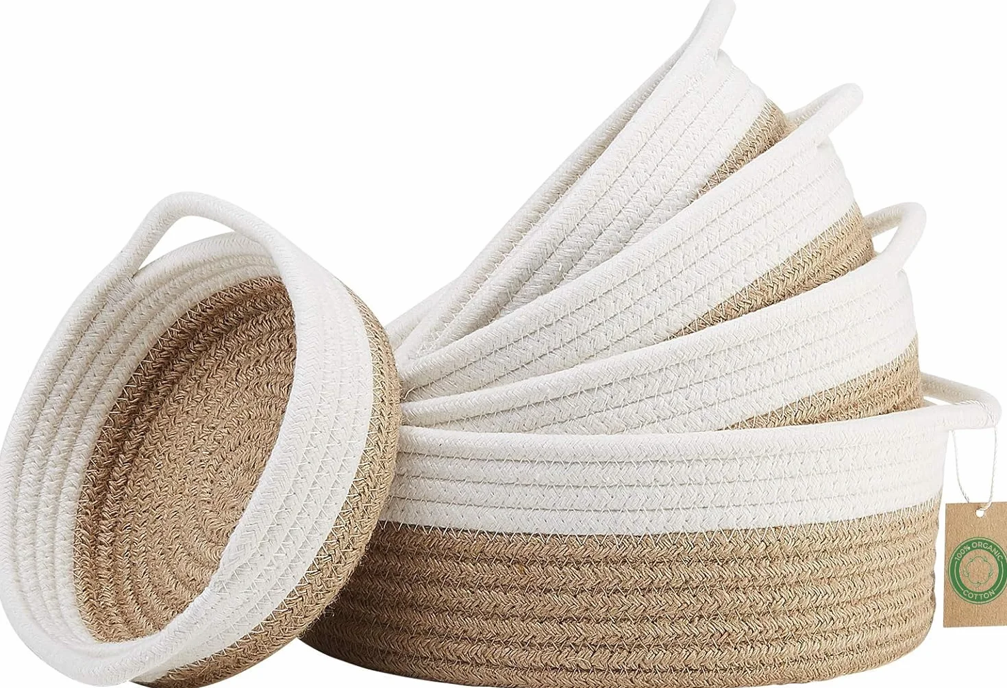 Set di 5 Cestino Portaoggetti di Cotone per Riporre, Cestini Portaoggetti organizzatori con manico, Porta Oggetti decorativo intrecciato per armadio, bagno o fasciatoio per neonati