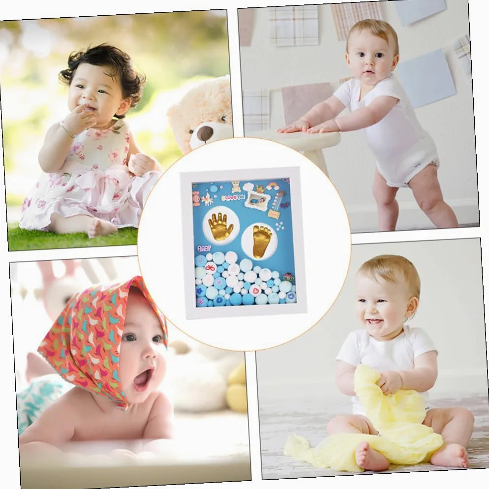 Cornice Portafoto Impronta della Mano e Piede del Set Ricordo Battesimo in Acrilico Resistente Confezione Regalo Blu per Genitori e Neonati