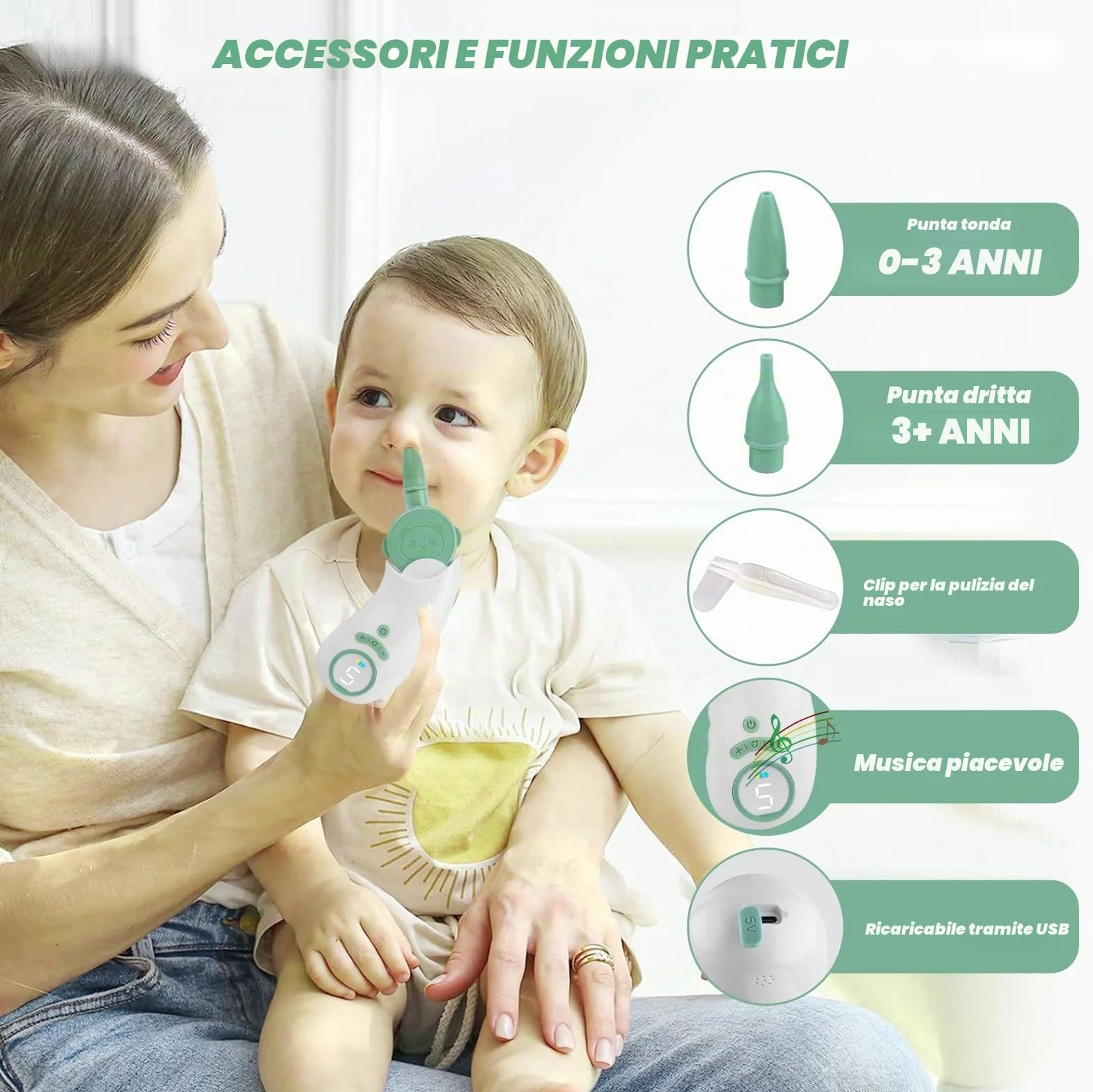 Aspiratore Nasale Neonato Elettrico con 5 Livelli di Aspirazione, Aspiratore Nasale Elettrico con Display, Ricaricabile Aspira Muco Neonato con 2 Beccucci in Silicone, Pinzette e Funzione Musica