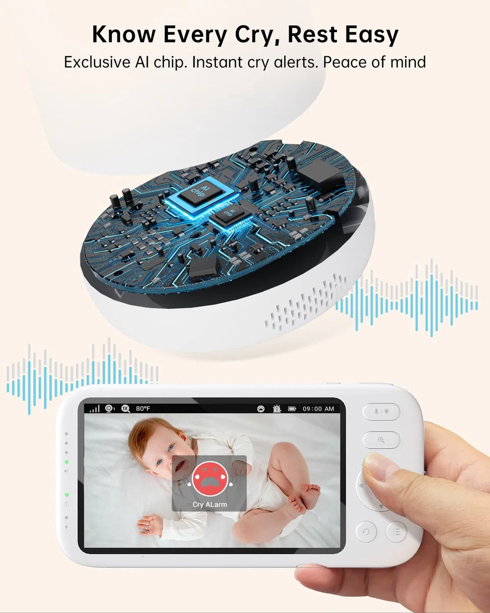 Jartoo Baby monitor con video 2K e videocamera e audio, monitor per bambini a lungo raggio di 567 metri senza WiFi, schermo FHD da 5,5", telecamera per bambini ANC wireless, orologio alimentatore